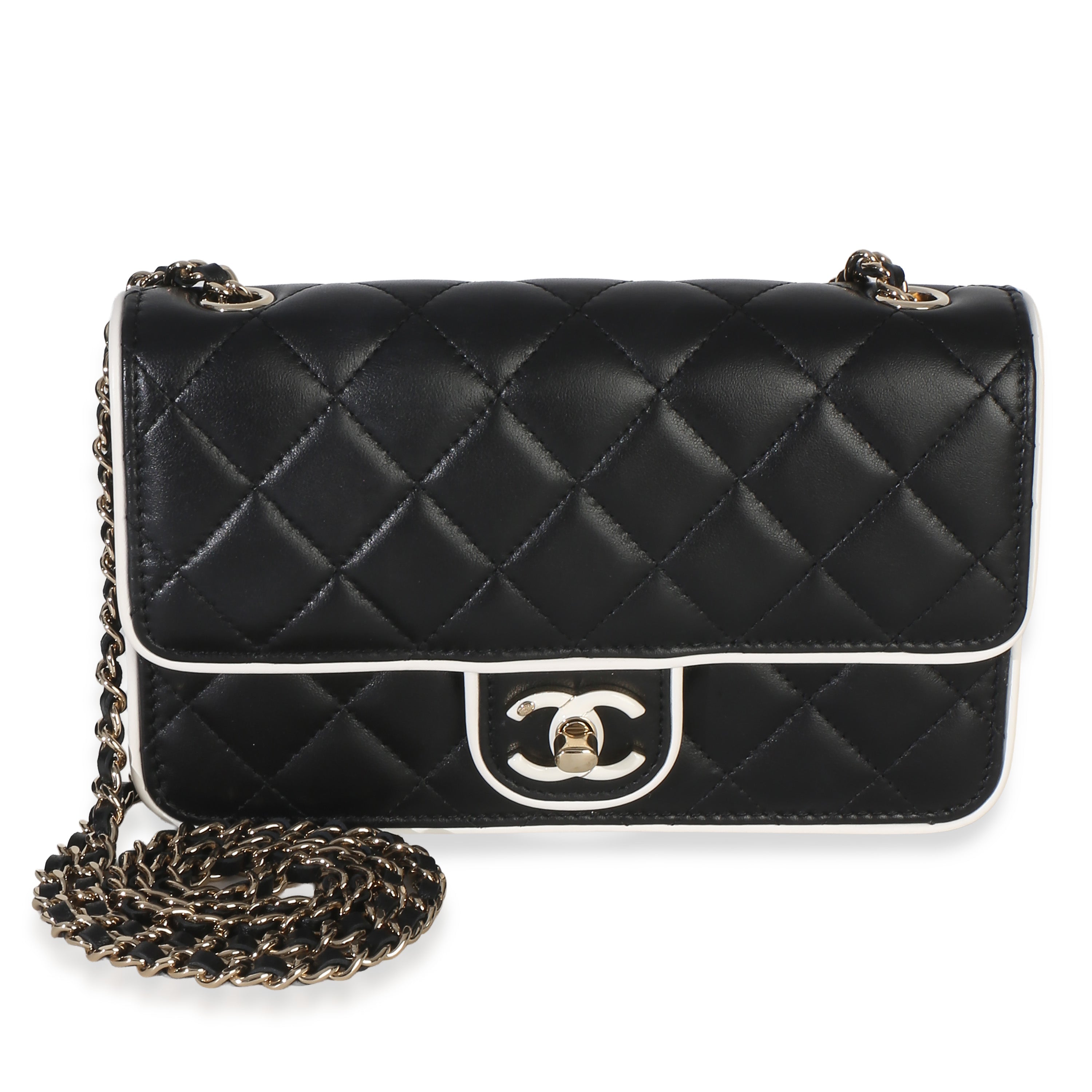 Chanel 26P Black White Quilted Lambskin Resin CC Flap Wallet On Chain