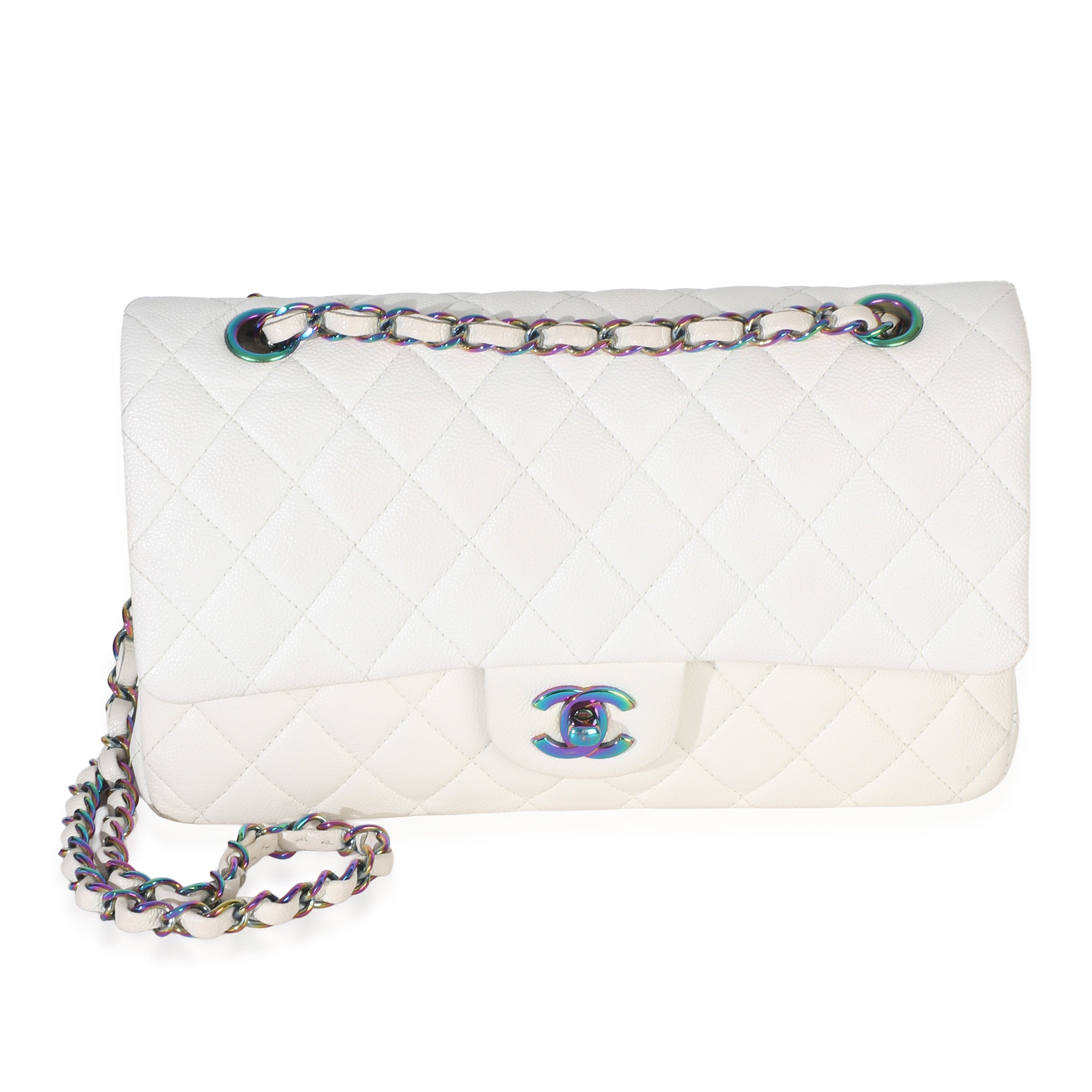 Chanel White Quilted Caviar Rainbow Medium Classic Double Flap Bag