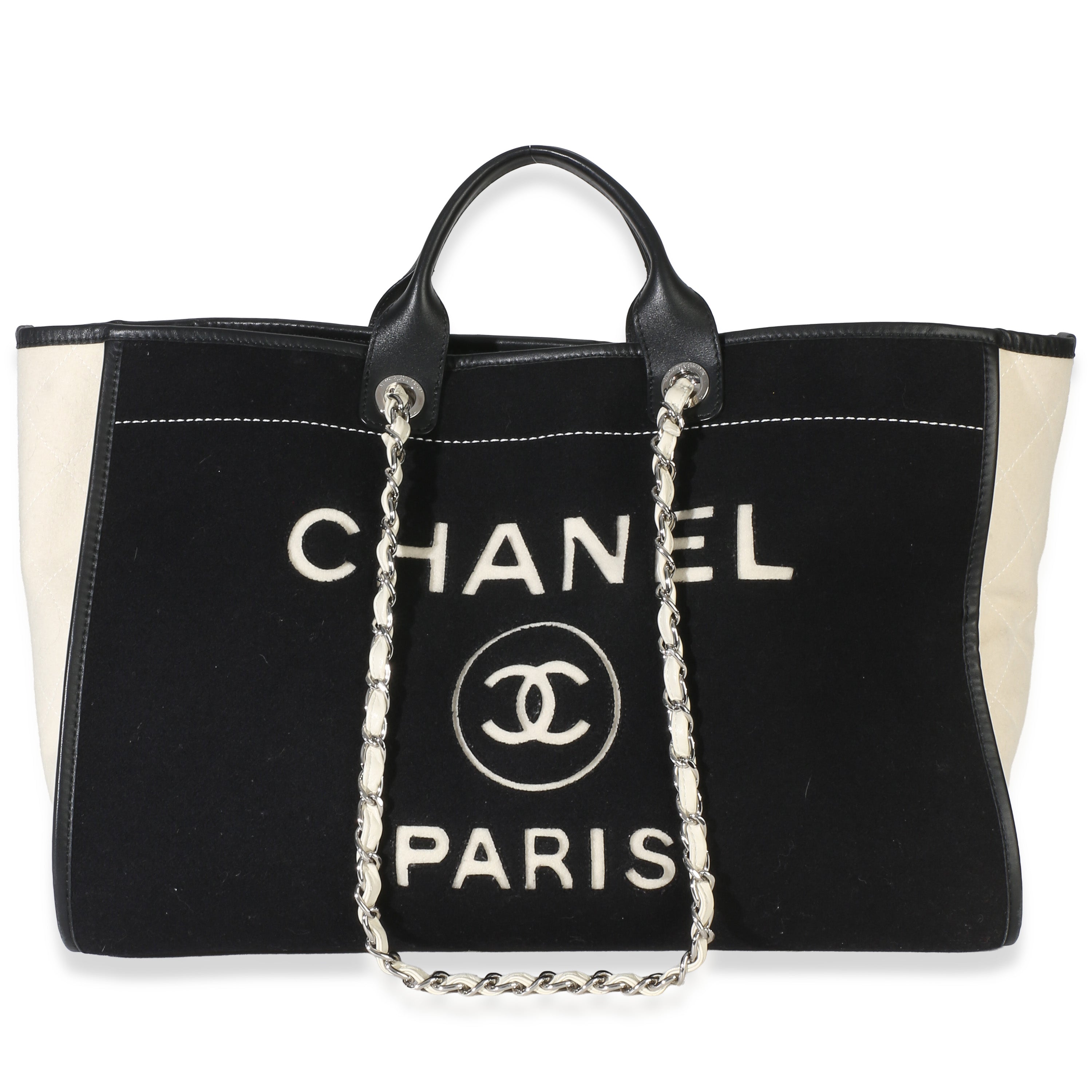 Chanel Black White Wool Calfskin Felt Large Deauville Tote