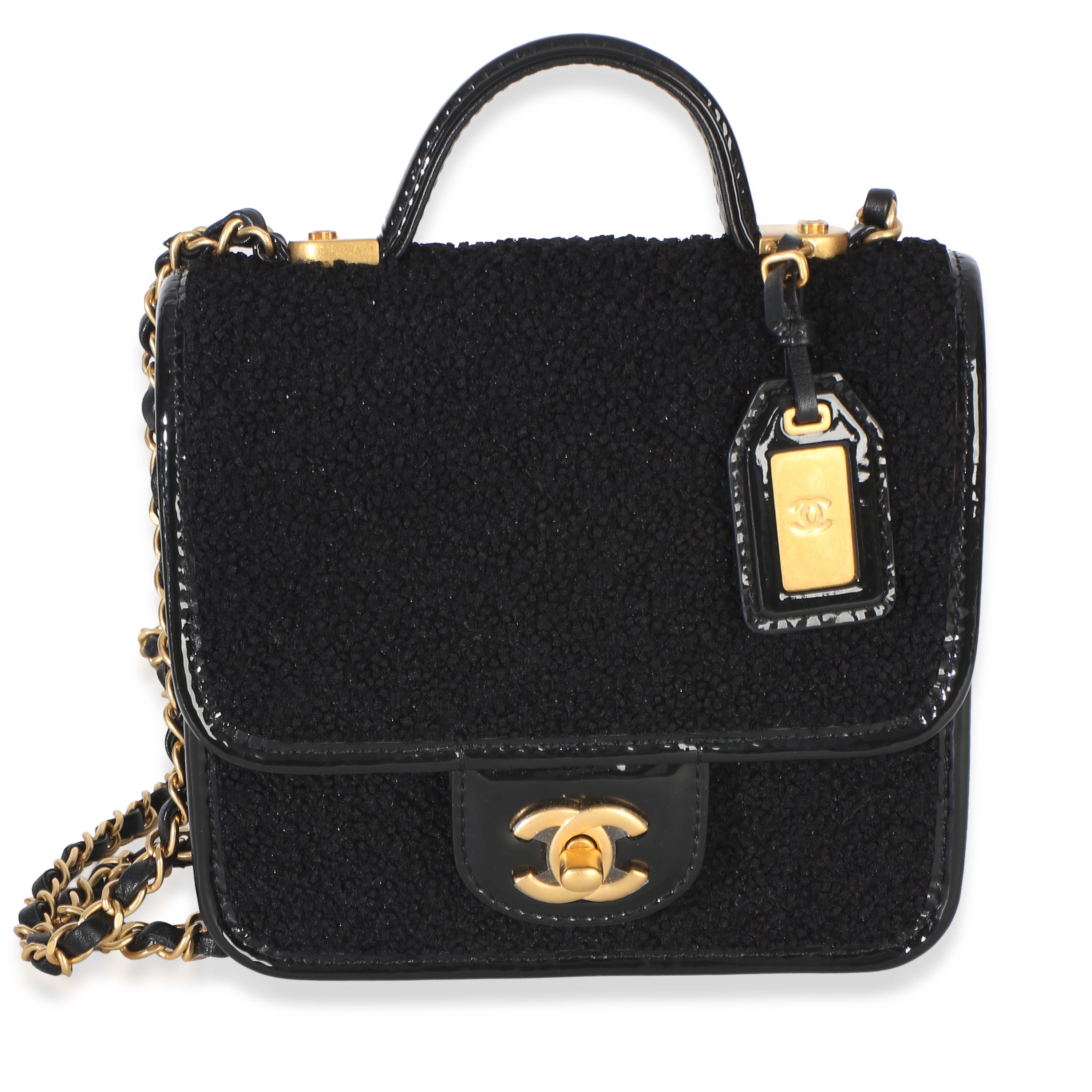 Chanel Black Tweed Patent School Memory Mini Top Handle Flap Bag