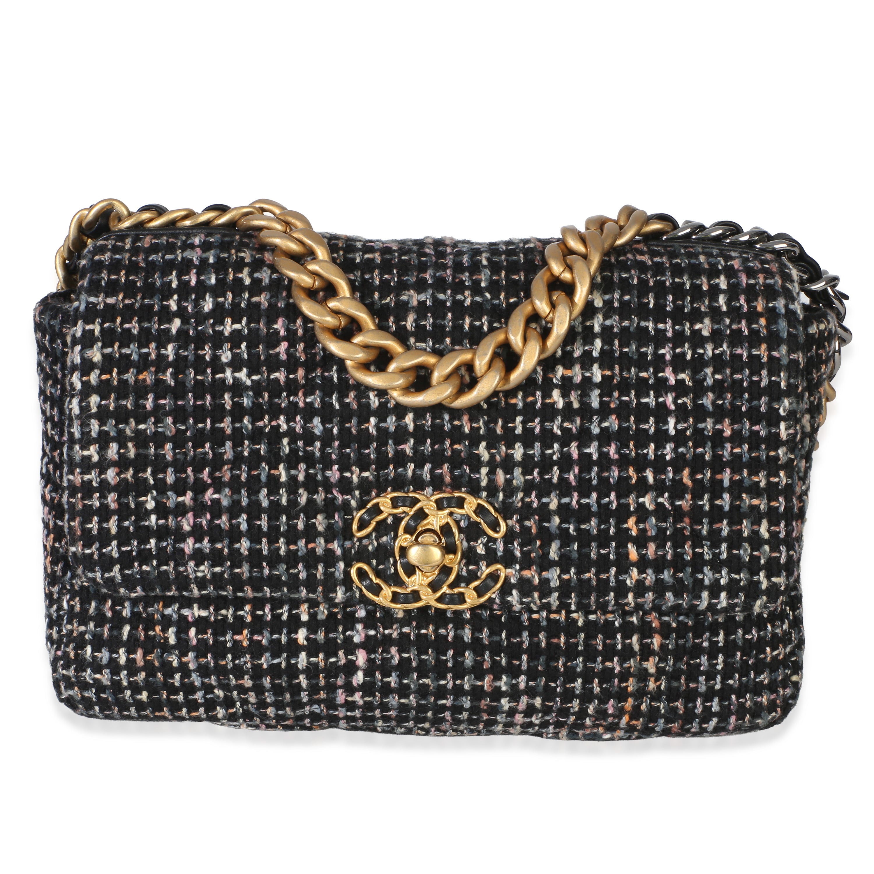 Chanel Black Multicolor Tweed Quilted Small Chanel 19 Flap Bag