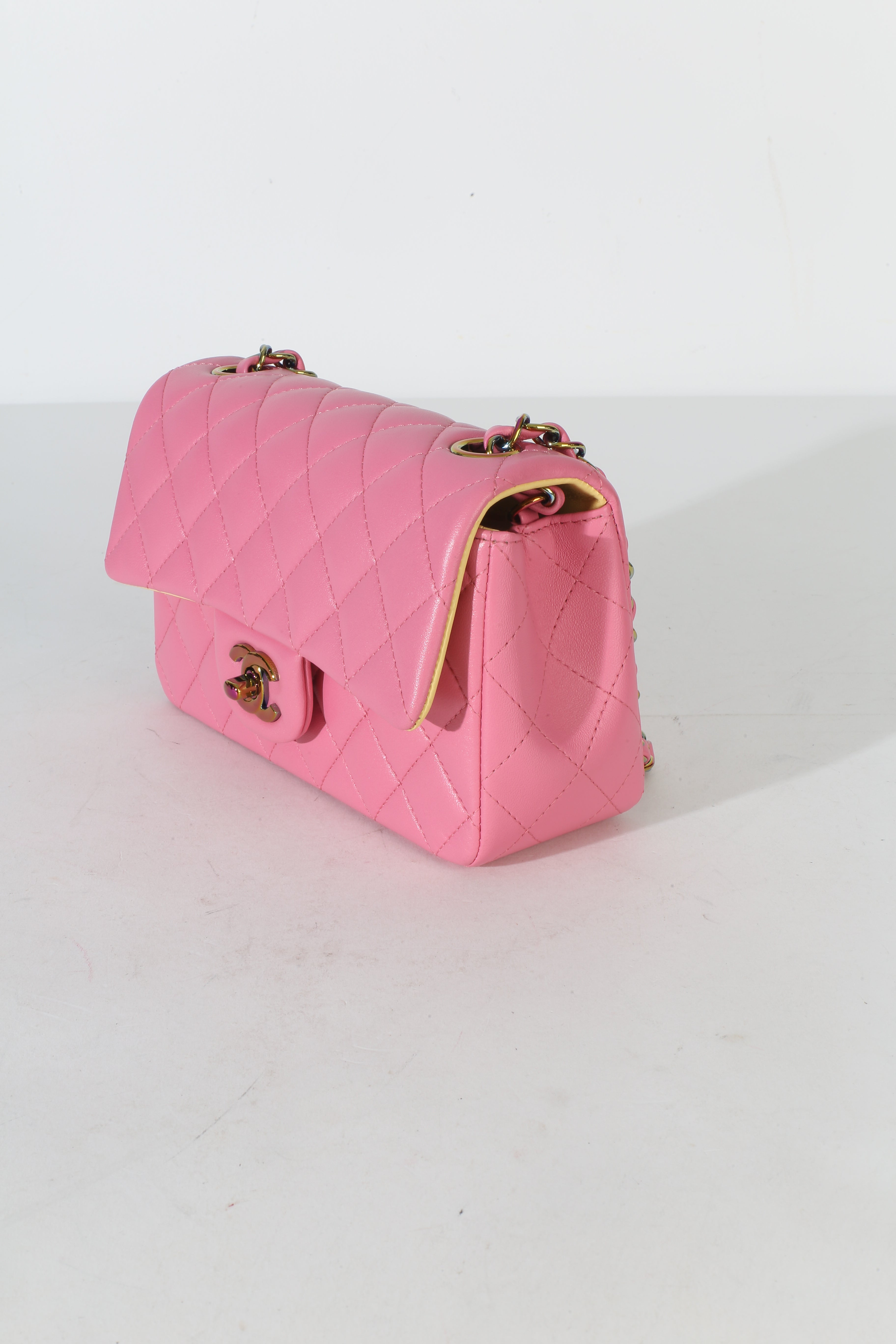 Chanel Pink Quilted Lambskin Rainbow Mini Rectangular Flap Bag