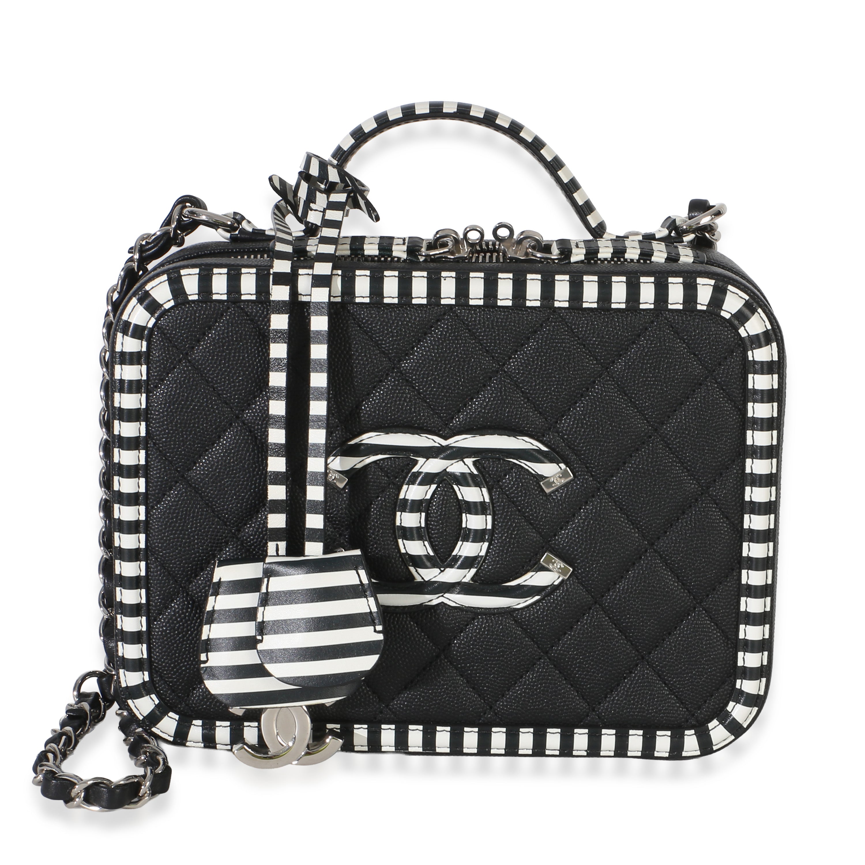 Chanel Black Quilted Caviar Striped Medium CC Filigree Vanity Case