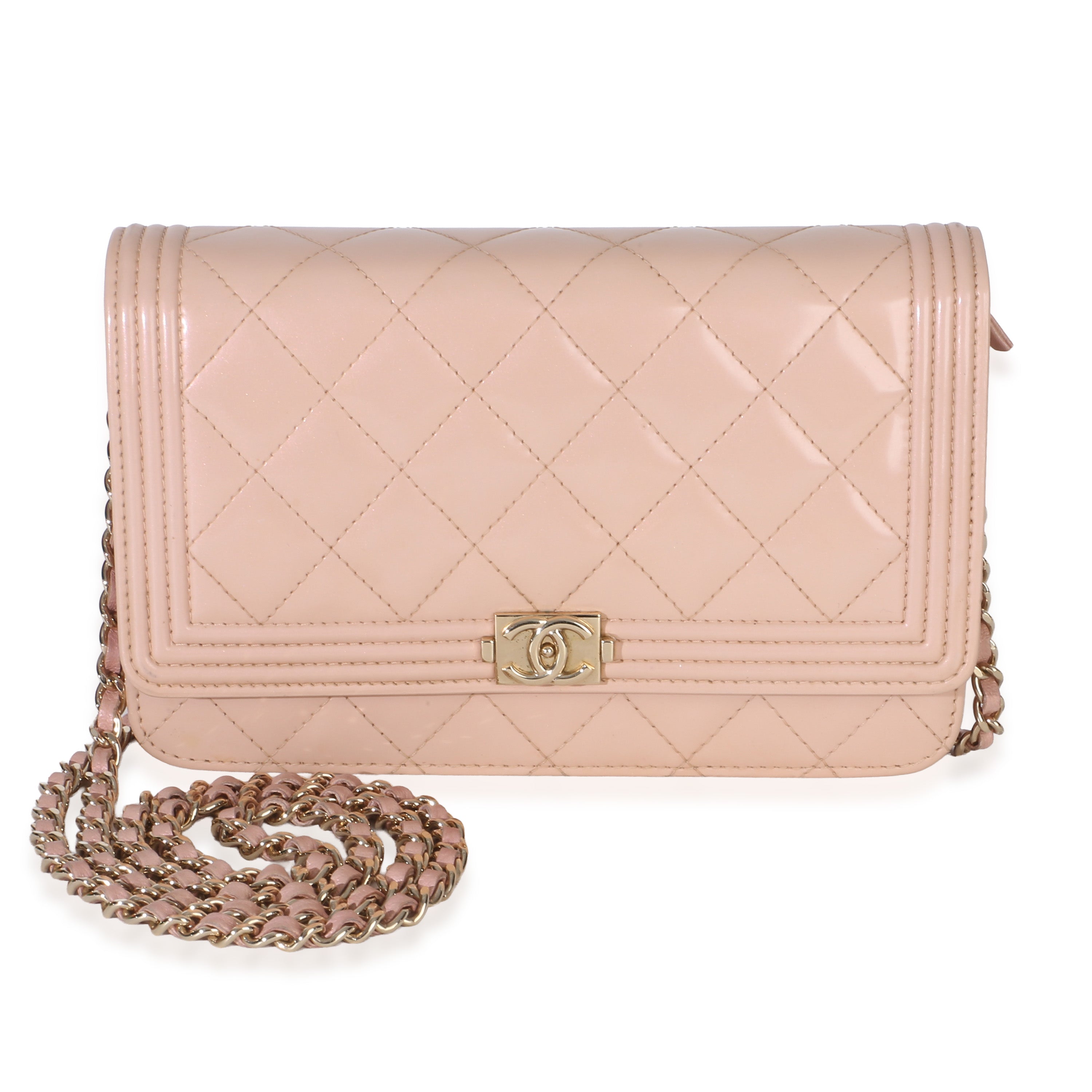 Chanel Pink Quilted Patent Boy Wallet On Chain