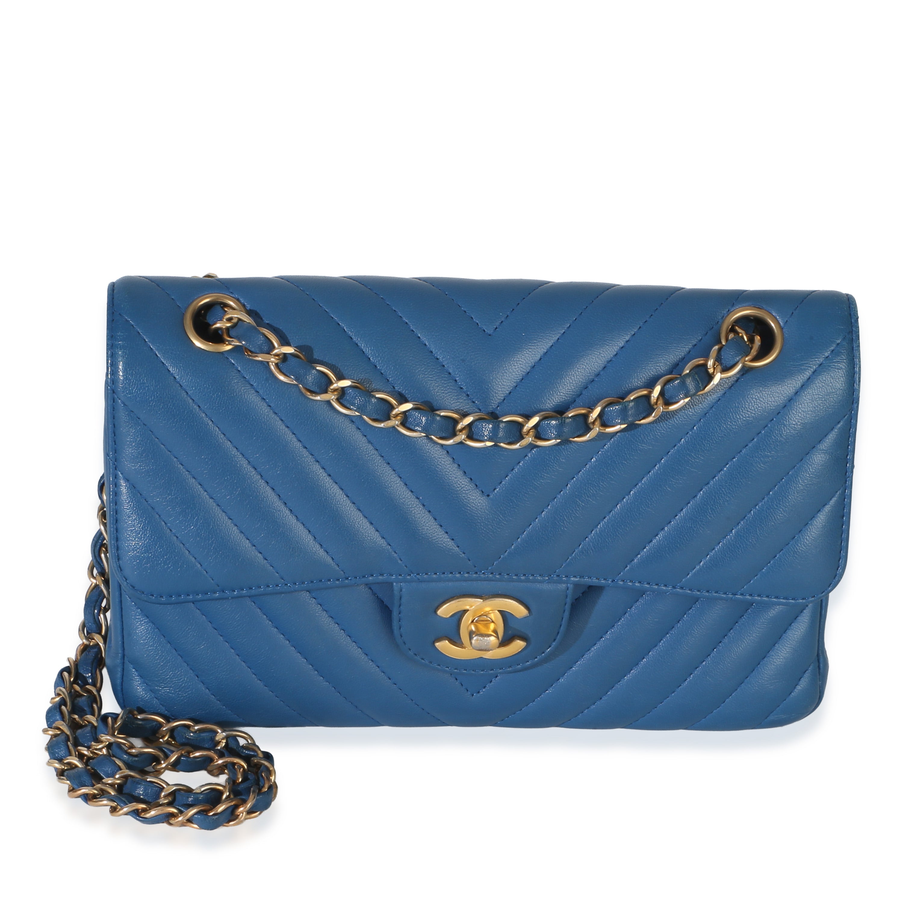 Chanel Blue Chevron Lambskin Small Classic Double Flap Bag