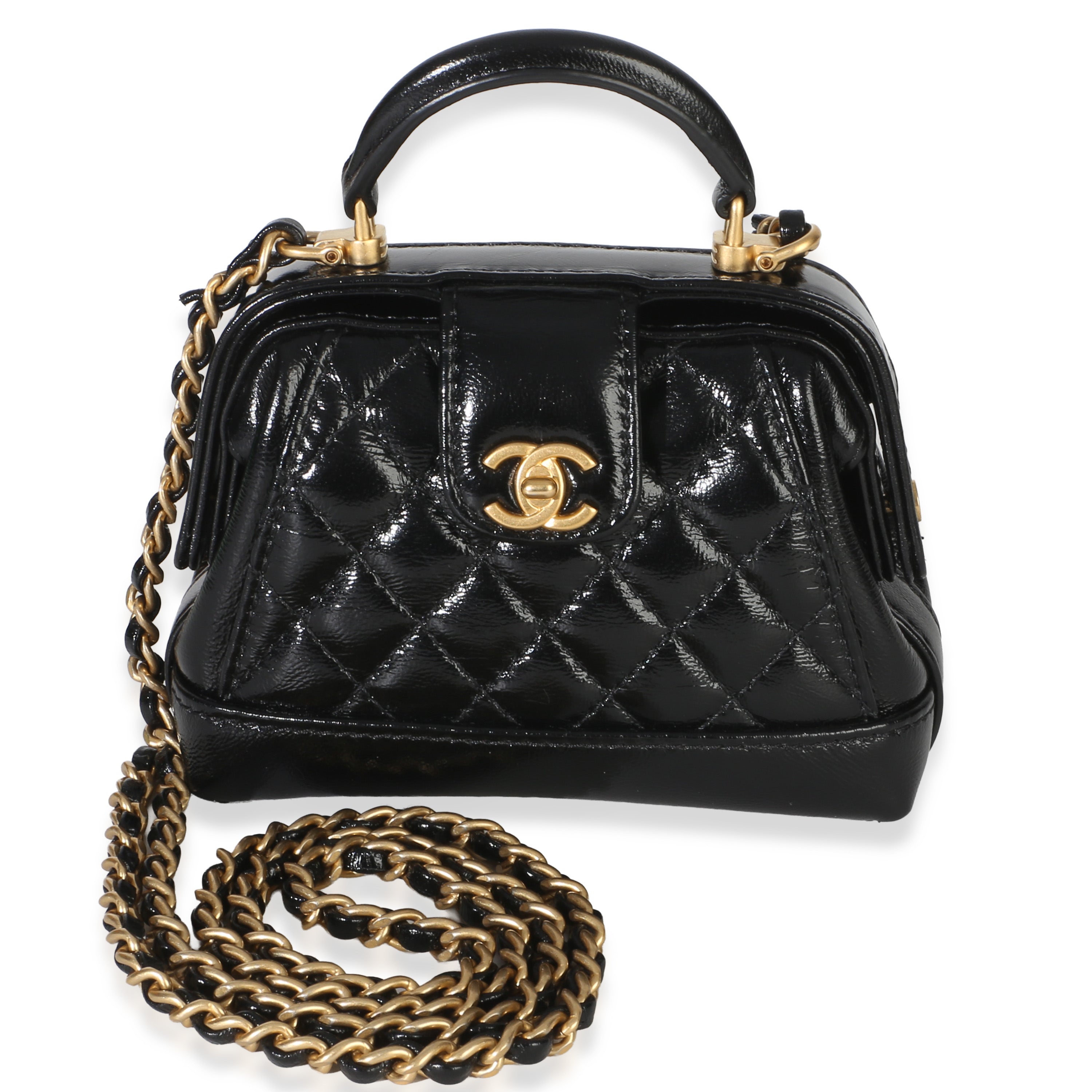 Chanel Black Quilted Shiny Lambskin Nano Cocodoc Clutch With Chain