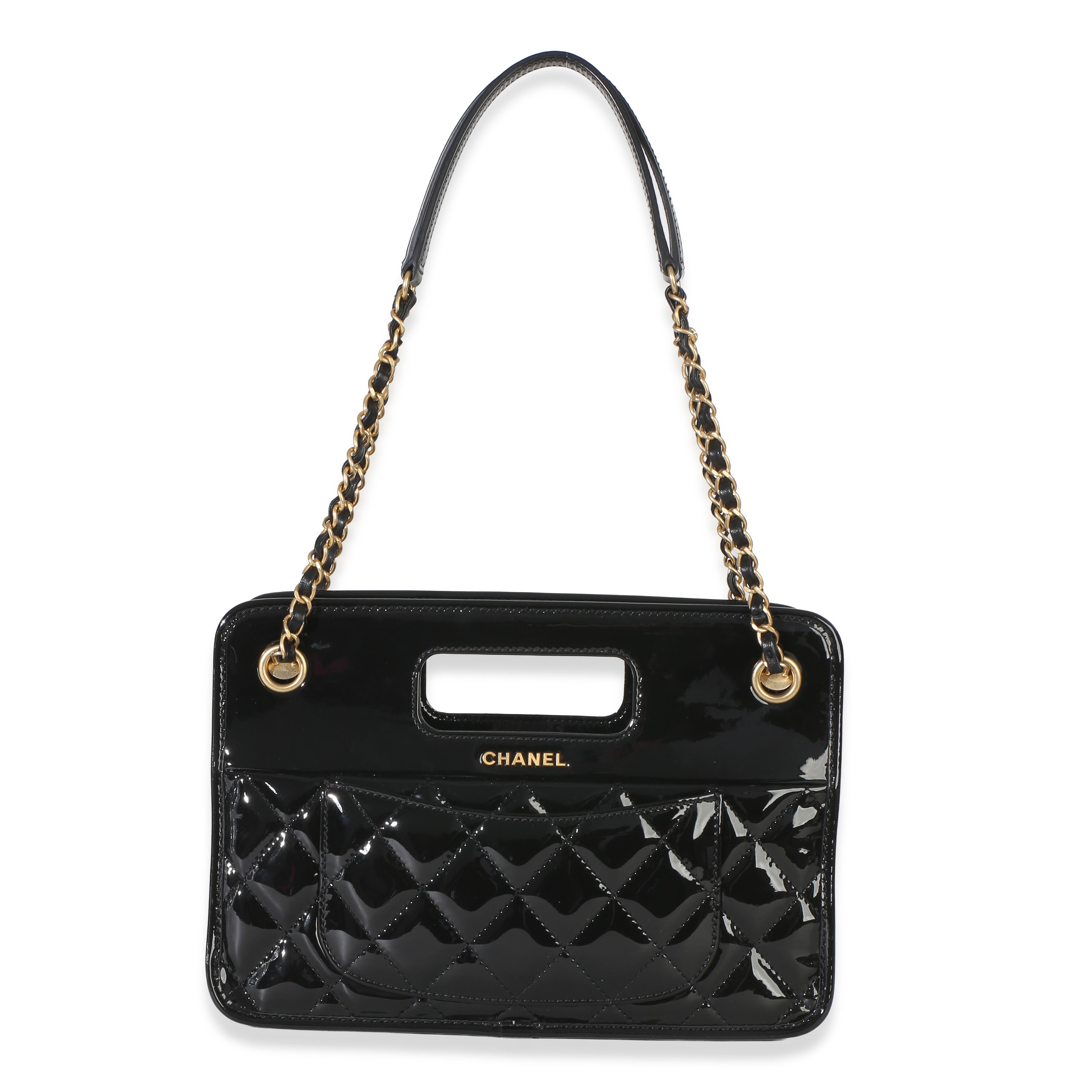 Chanel Black Quilted Patent Graphic Catch Small Shopping Bag