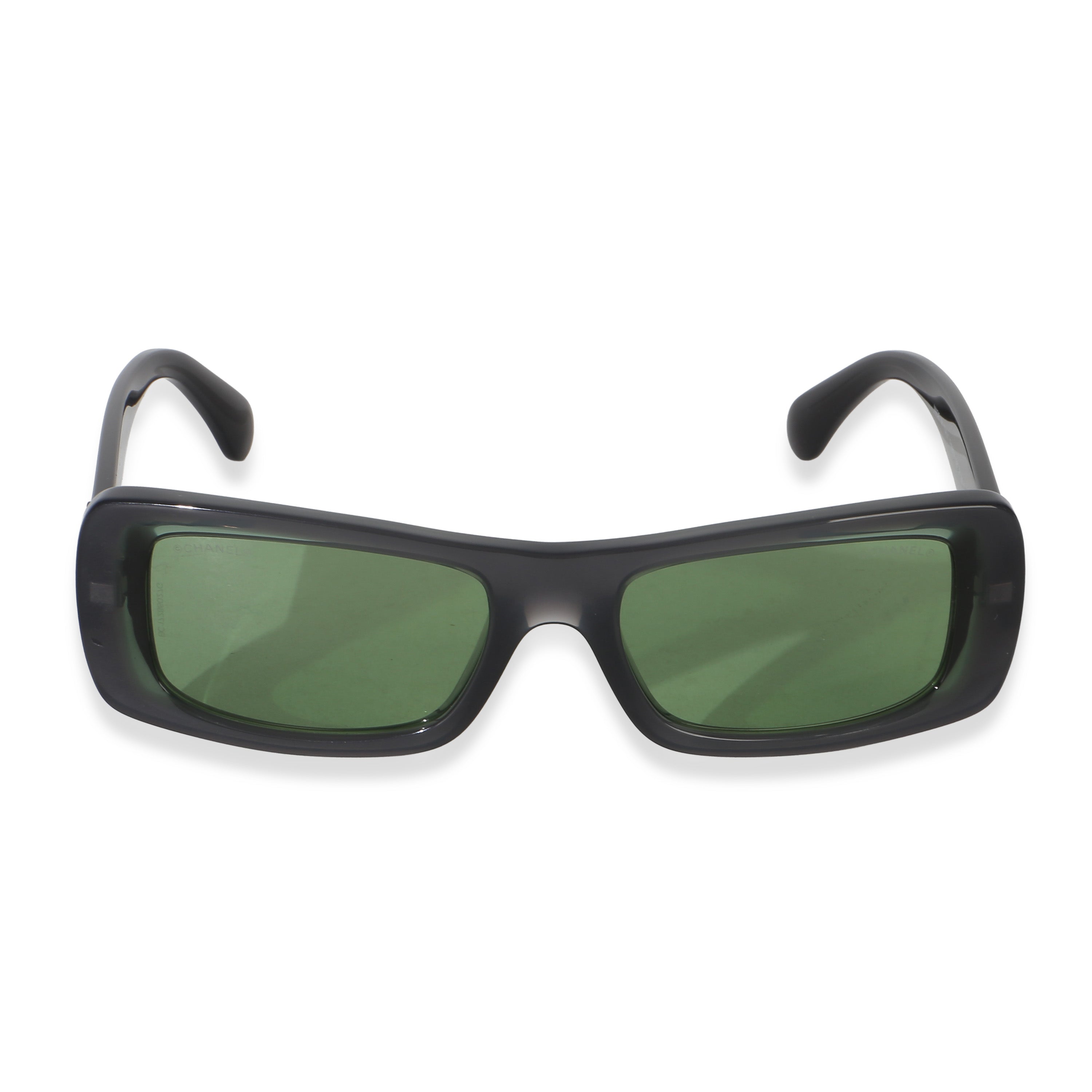 Chanel Black Acetate CC Green Lens Rectangle Sunglasses