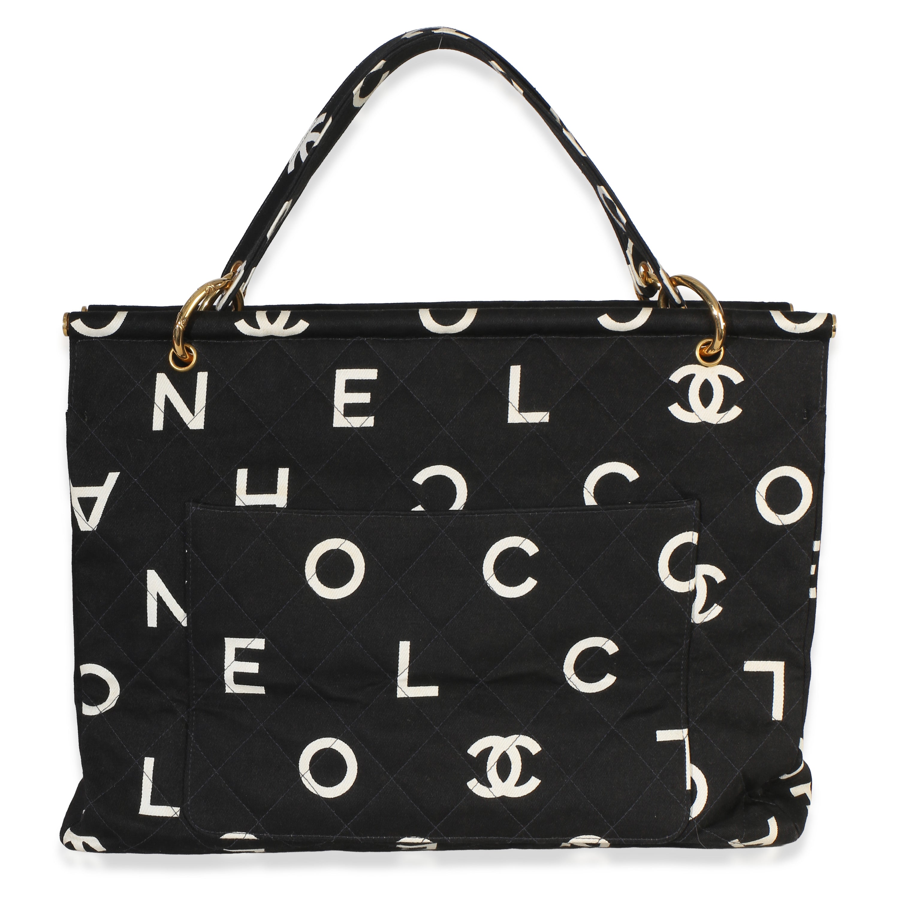 Chanel Vintage Black White Quilted Canvas Logo Tote