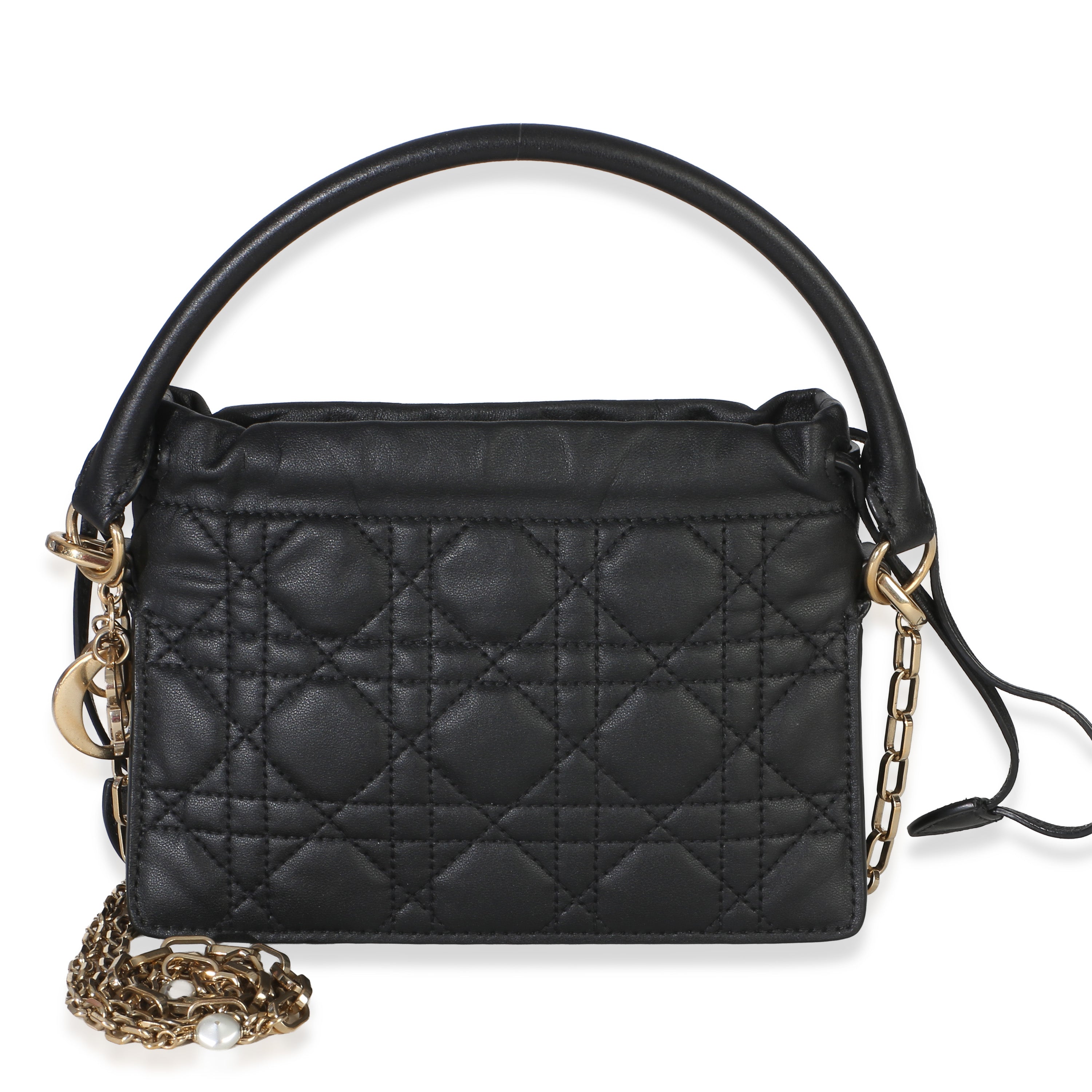 Christian Dior Black Lambskin Cannage Lady Dior Milly Mini Drawstring Bag