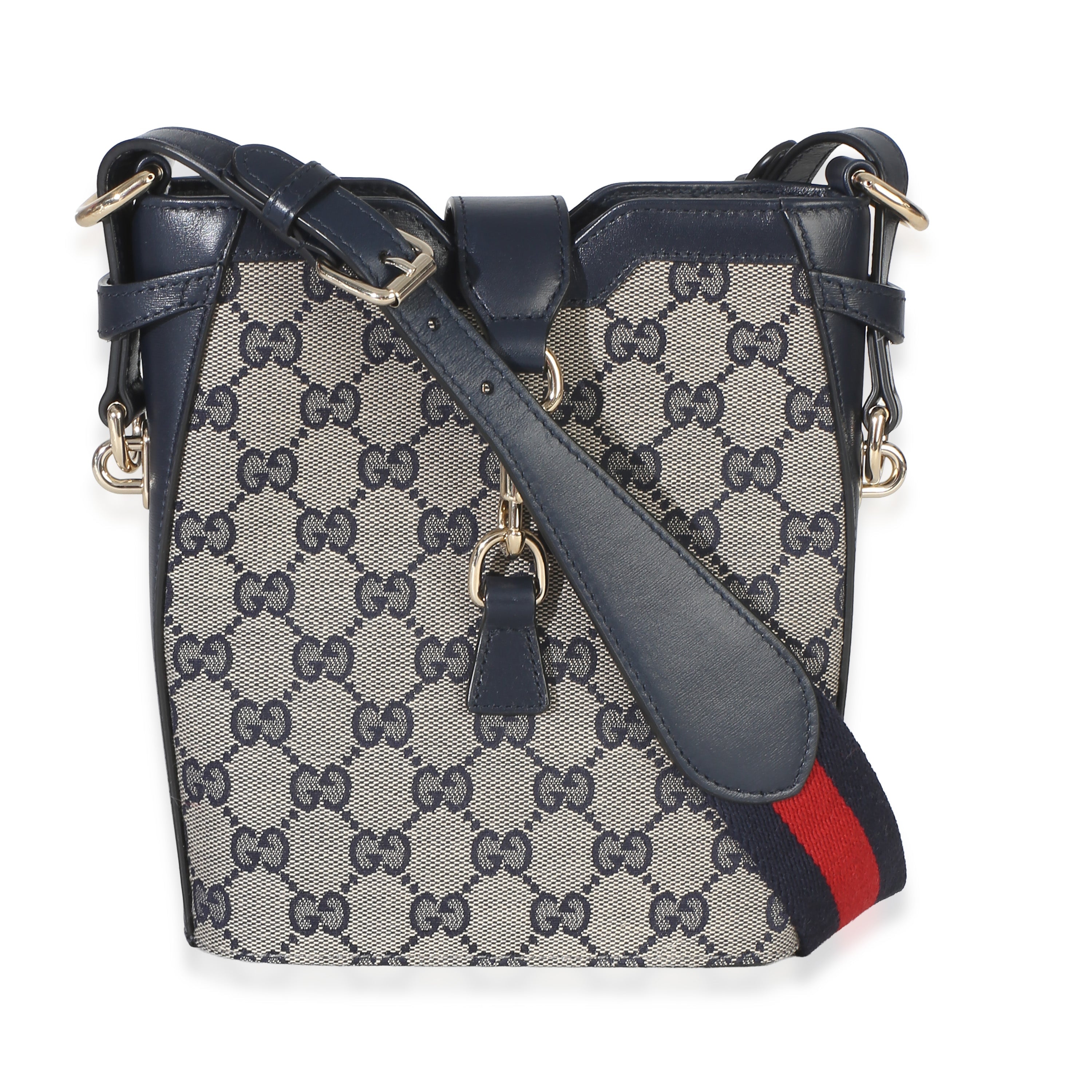 Gucci Navy Beige GG Supreme Monogram Canvas Mini Bucket Bag