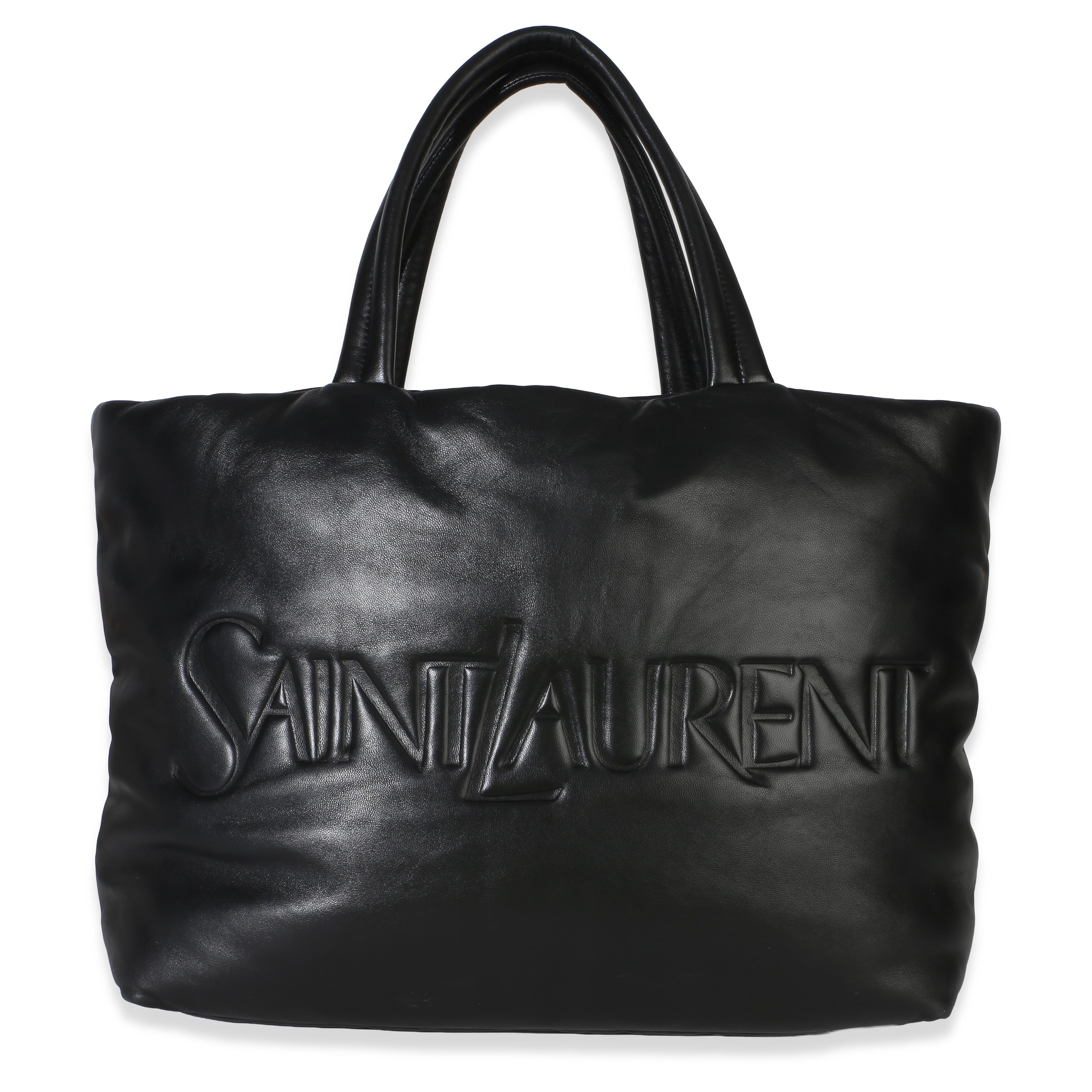 Saint Laurent Black Lambskin Logo Wide Puffer Tote
