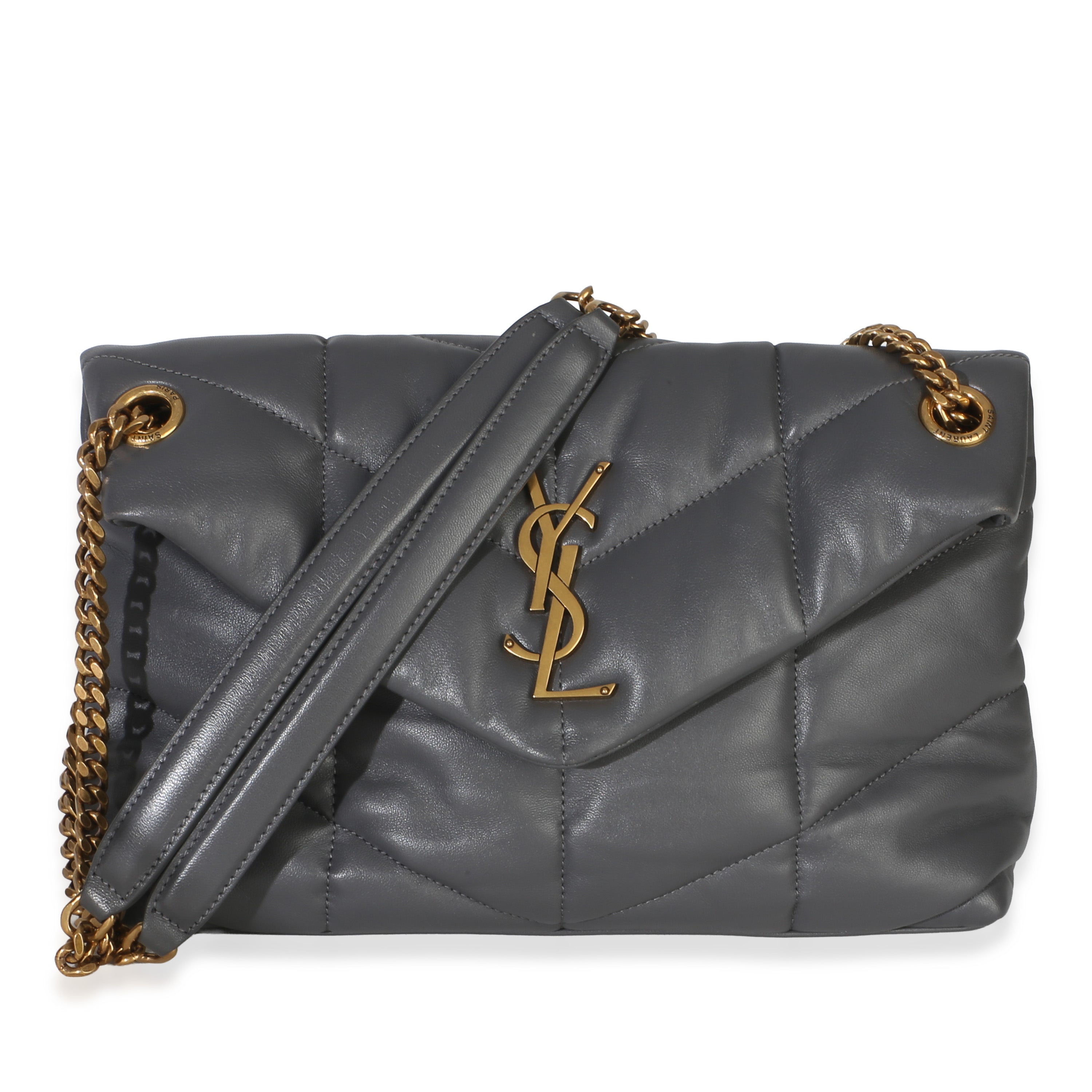 Saint Laurent Grey Quilted Lambskin Small Loulou Puffer Chain Satchel