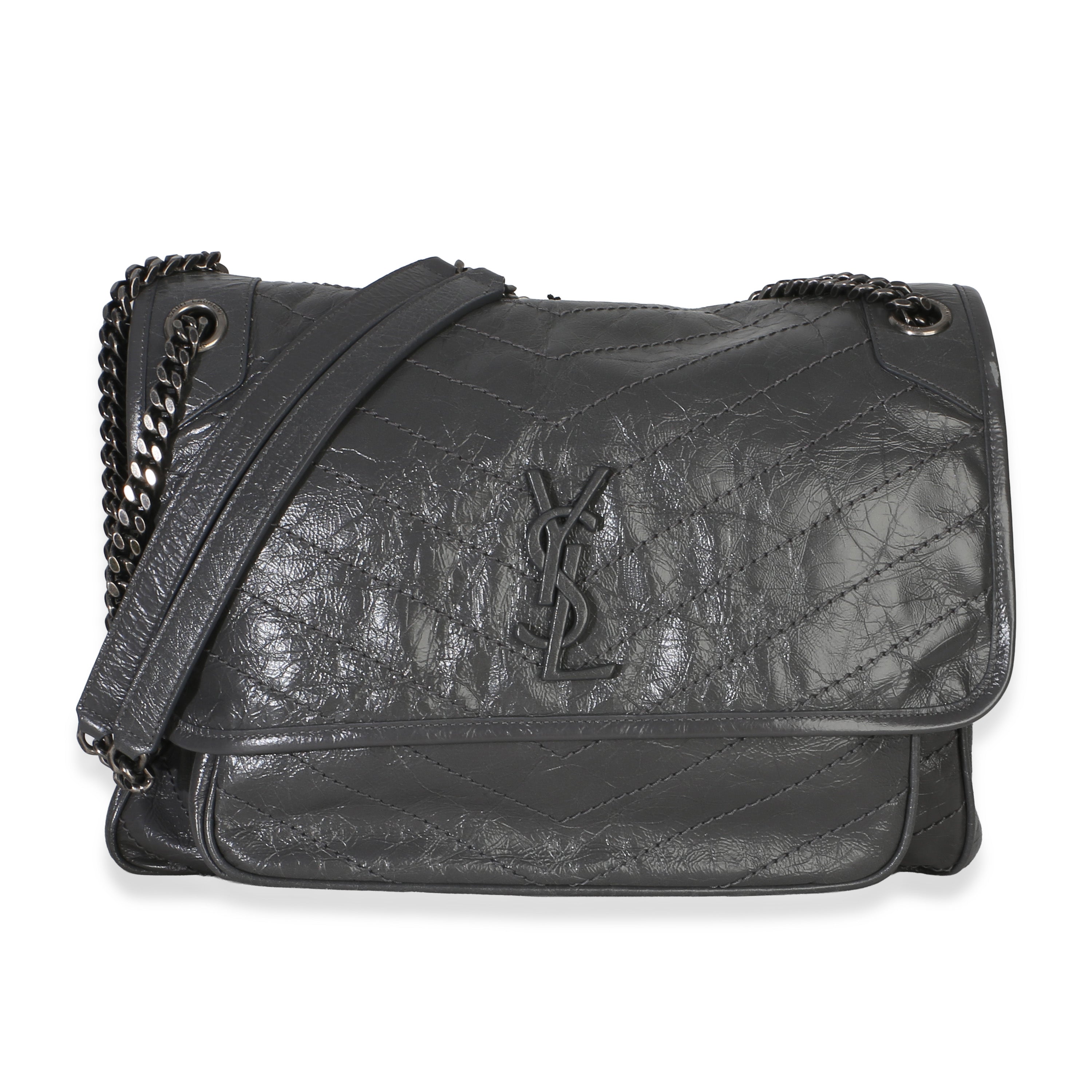 Saint Laurent Grey Crinkled Calfskin Matelasse Large Niki Chain Satchel
