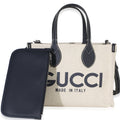 Gucci Navy Canvas Calfskin Logo Print Mini Tote