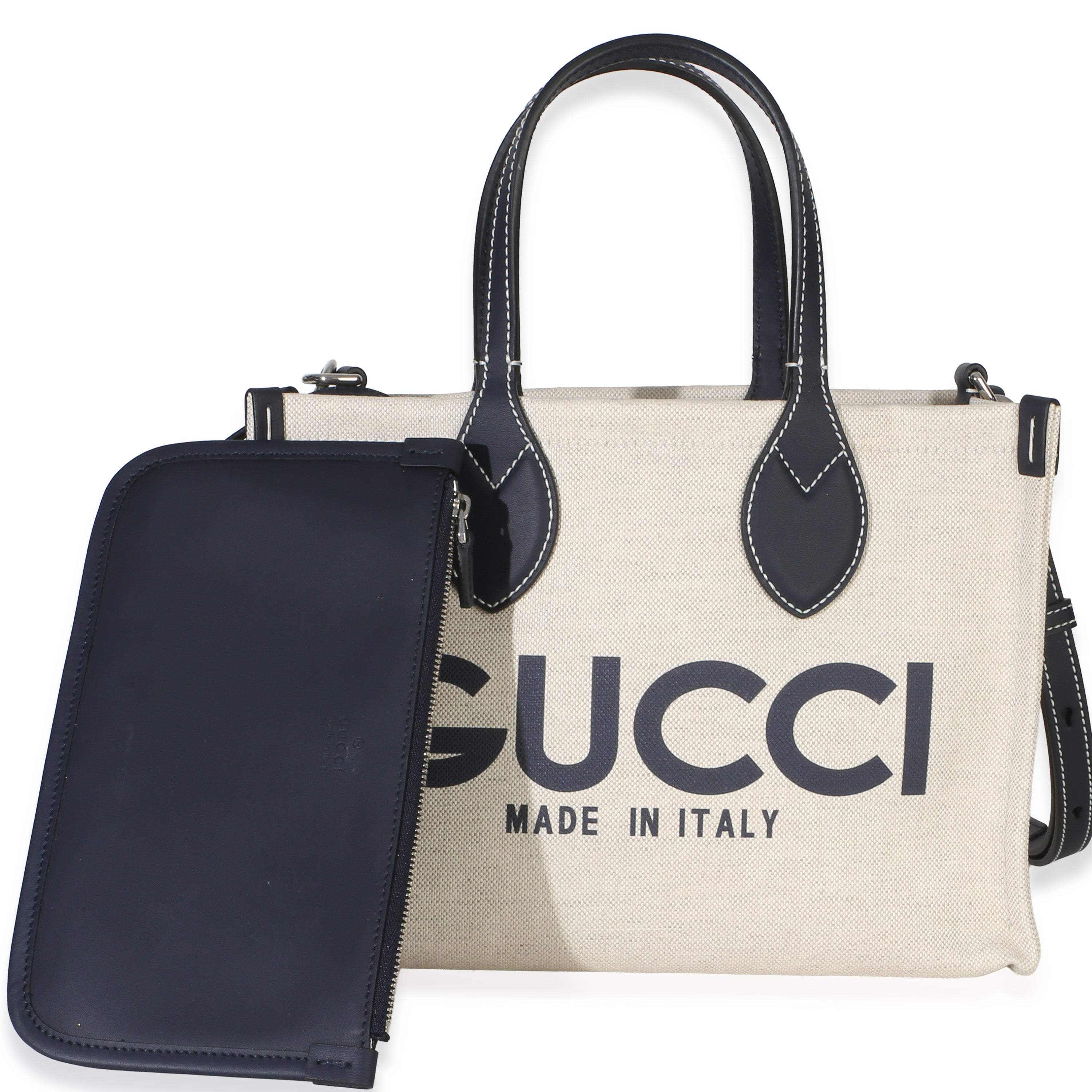 Gucci Navy Canvas Calfskin Logo Print Mini Tote