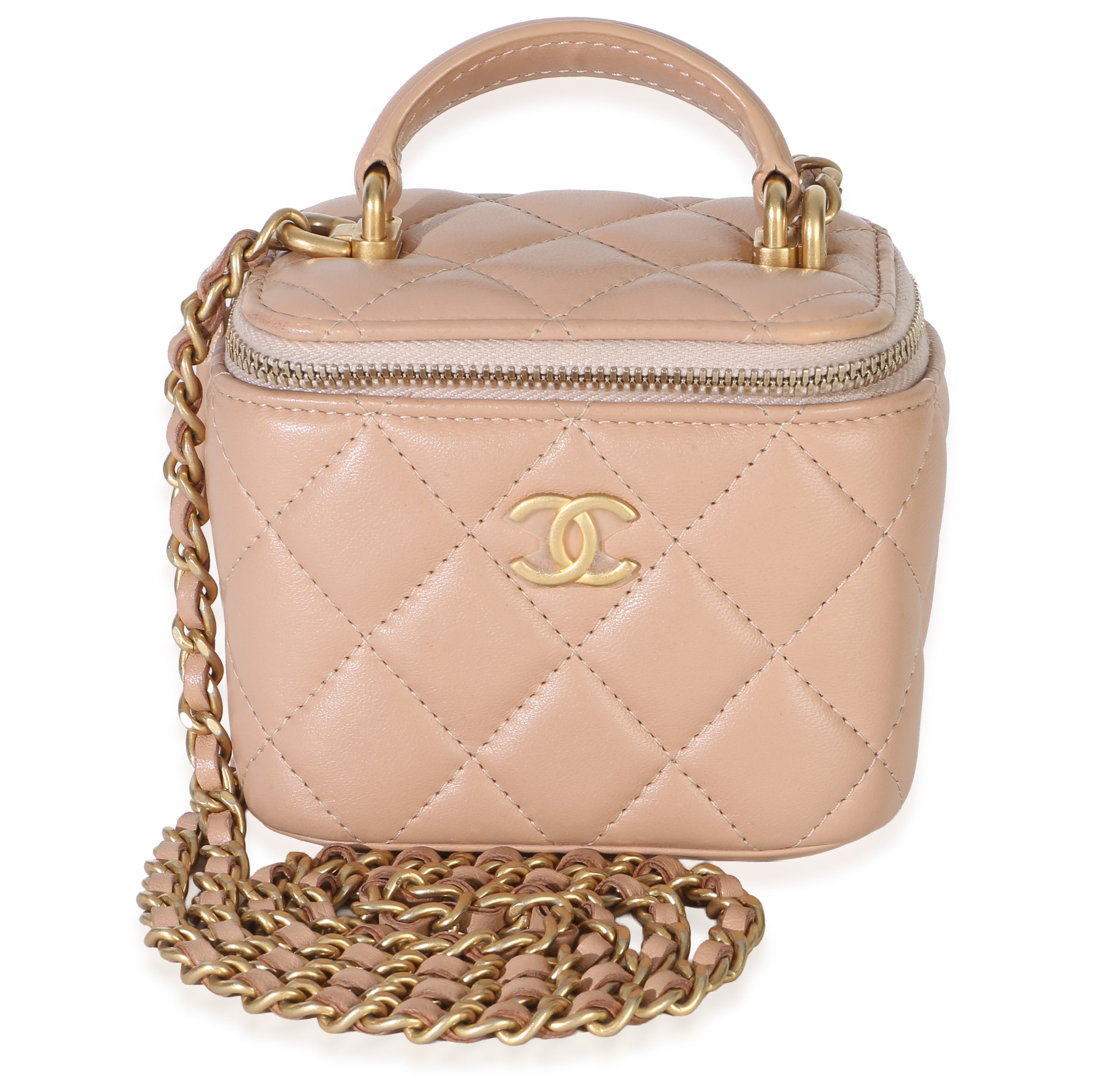 Chanel Beige Quilted Lambskin Mini Vanity Case With Chain