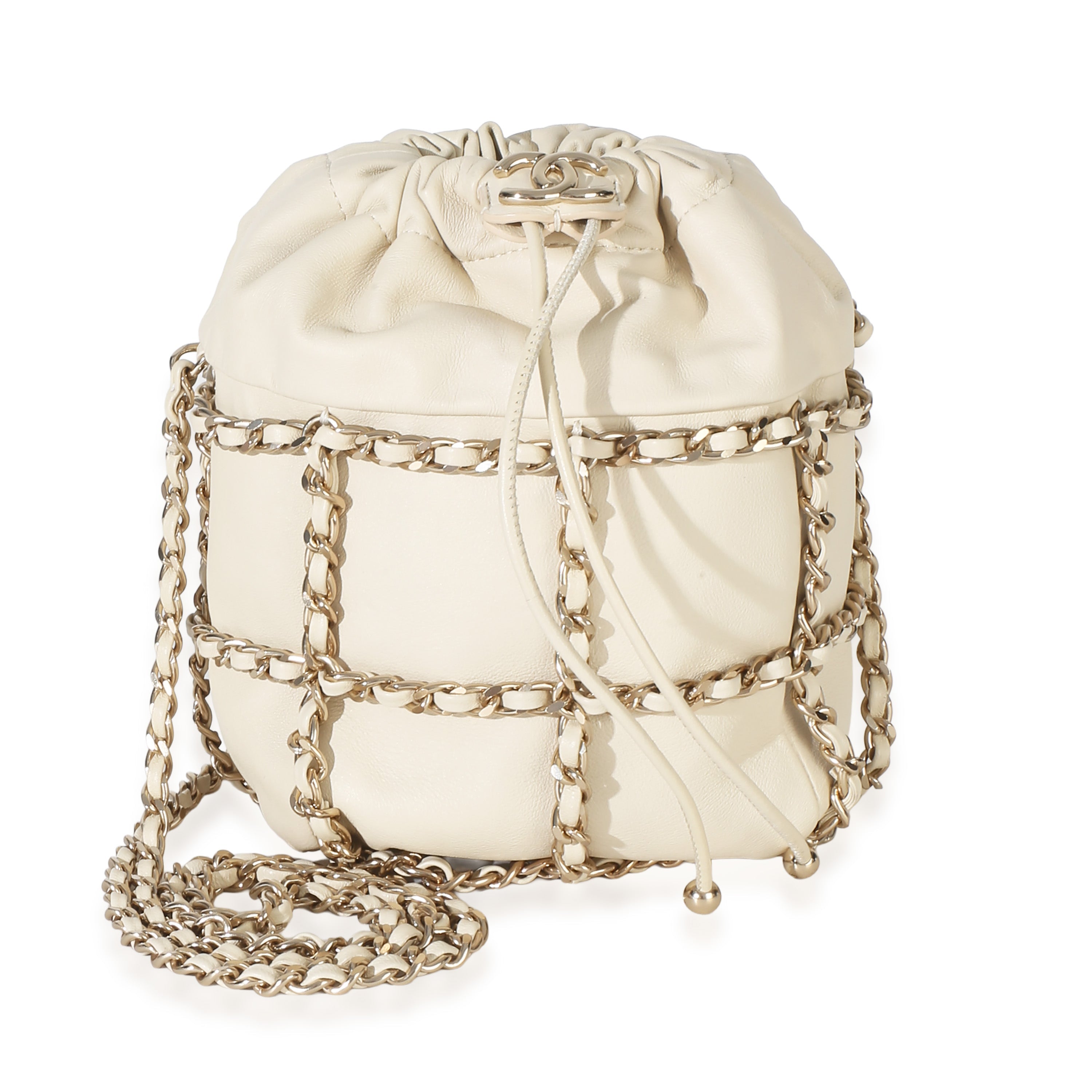 Chanel White Lambskin Chain Frame Drawstring Bucket Bag