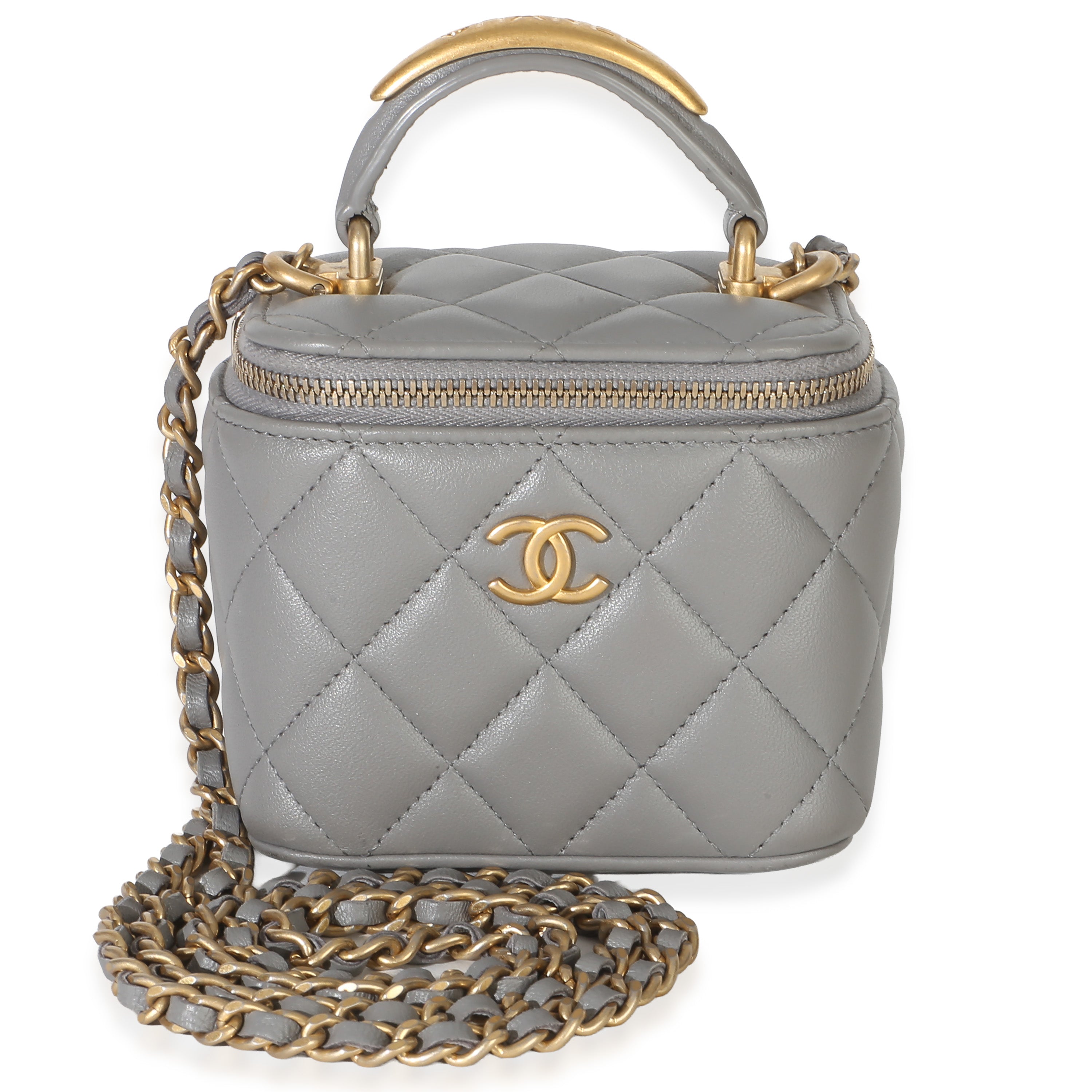 Chanel Grey Quilted Lambskin Metal Top Handle Mini Vanity Case