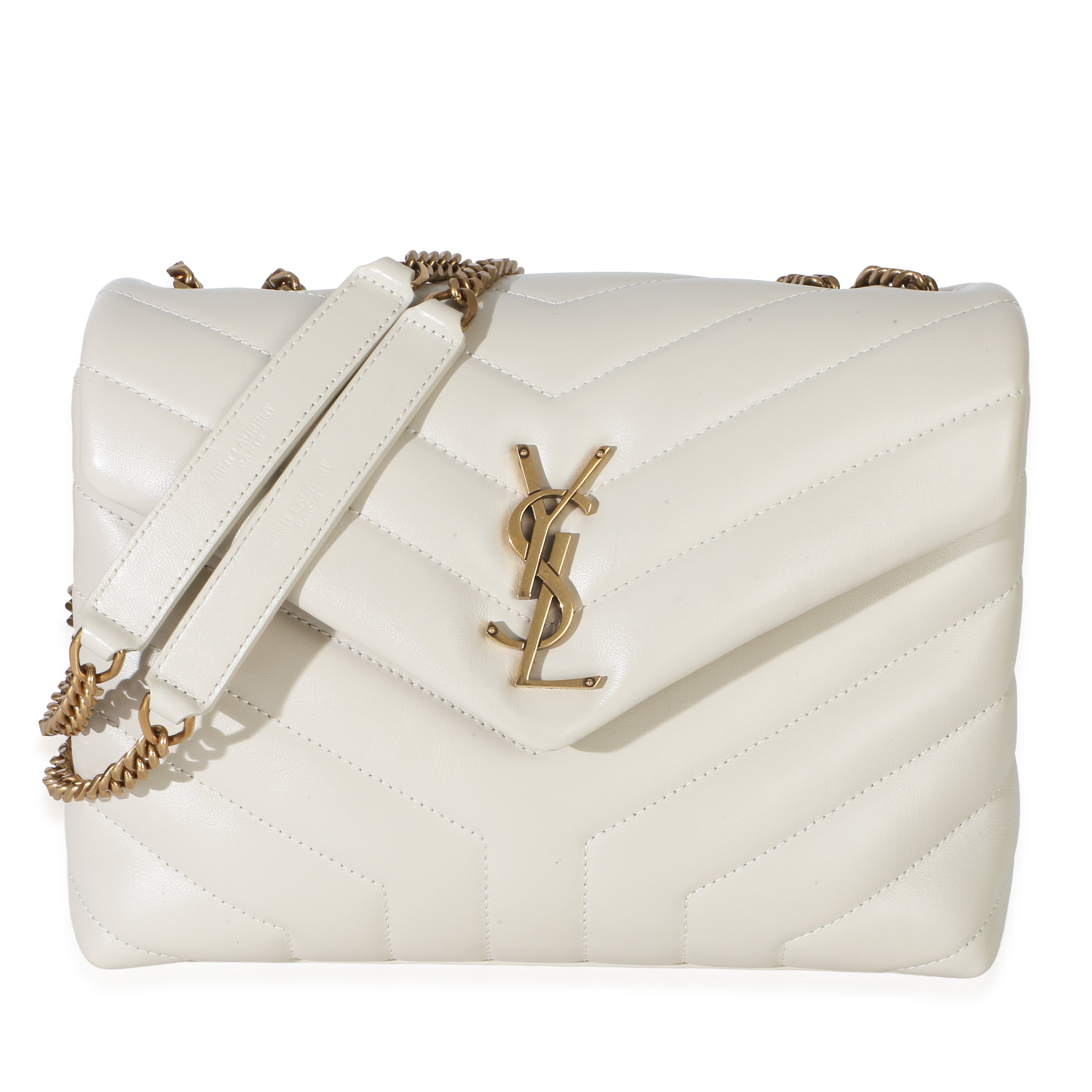 Saint Laurent Cream Calfskin Y Quilted Monogram Small Loulou Chain Satchel