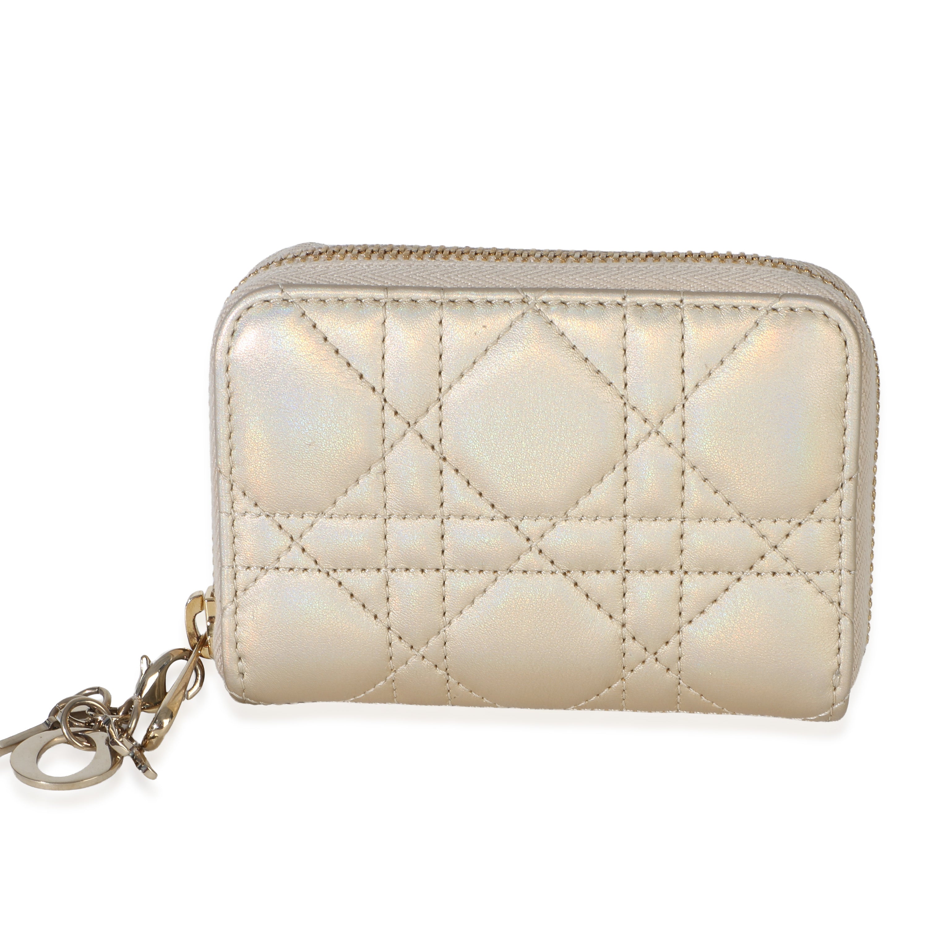 Christian Dior Metallic Gold Lambskin Cannage Lady Dior Voyageur Coin Purse