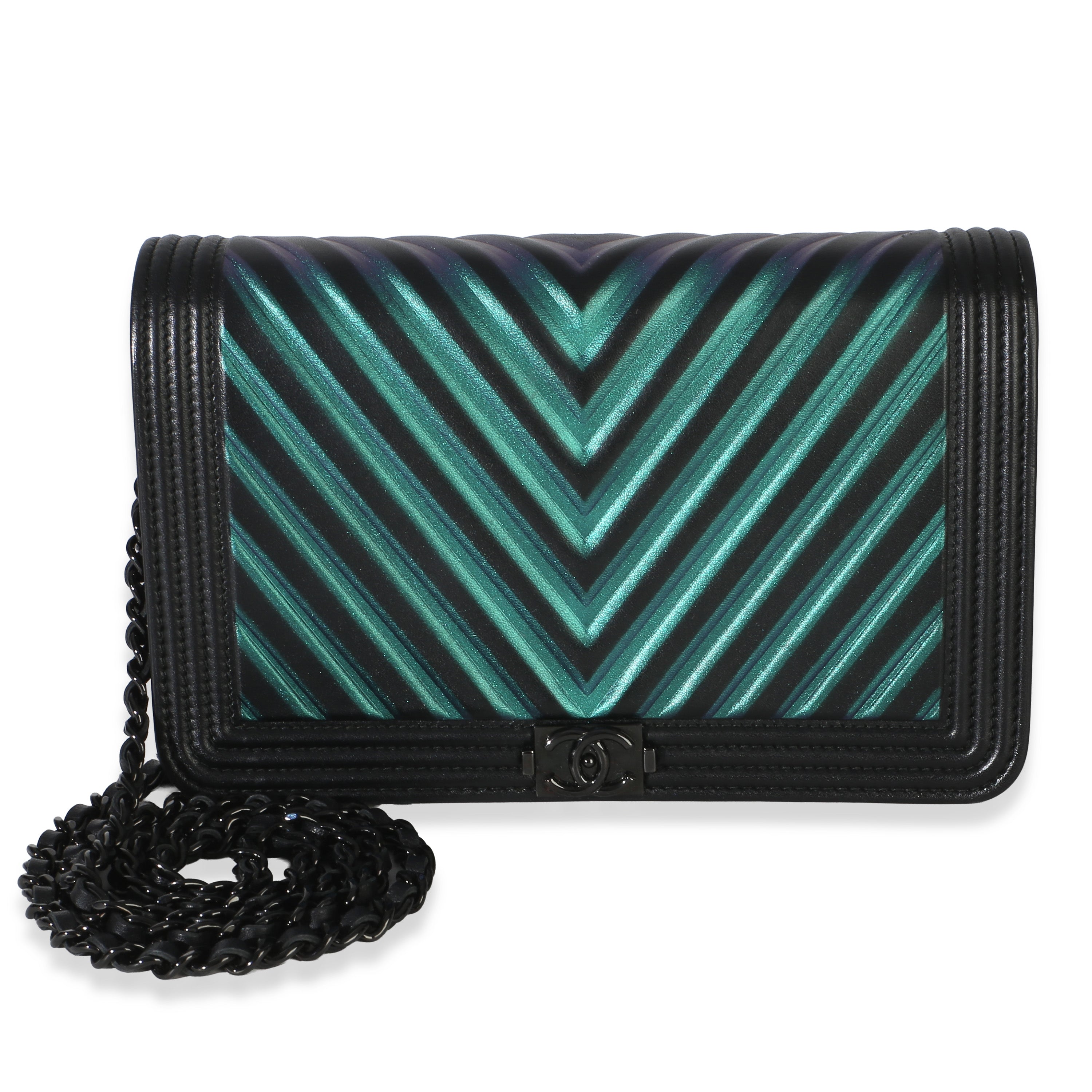 Chanel Black Blue Iridescent Painted Chevron Lambskin Boy Wallet On Chain