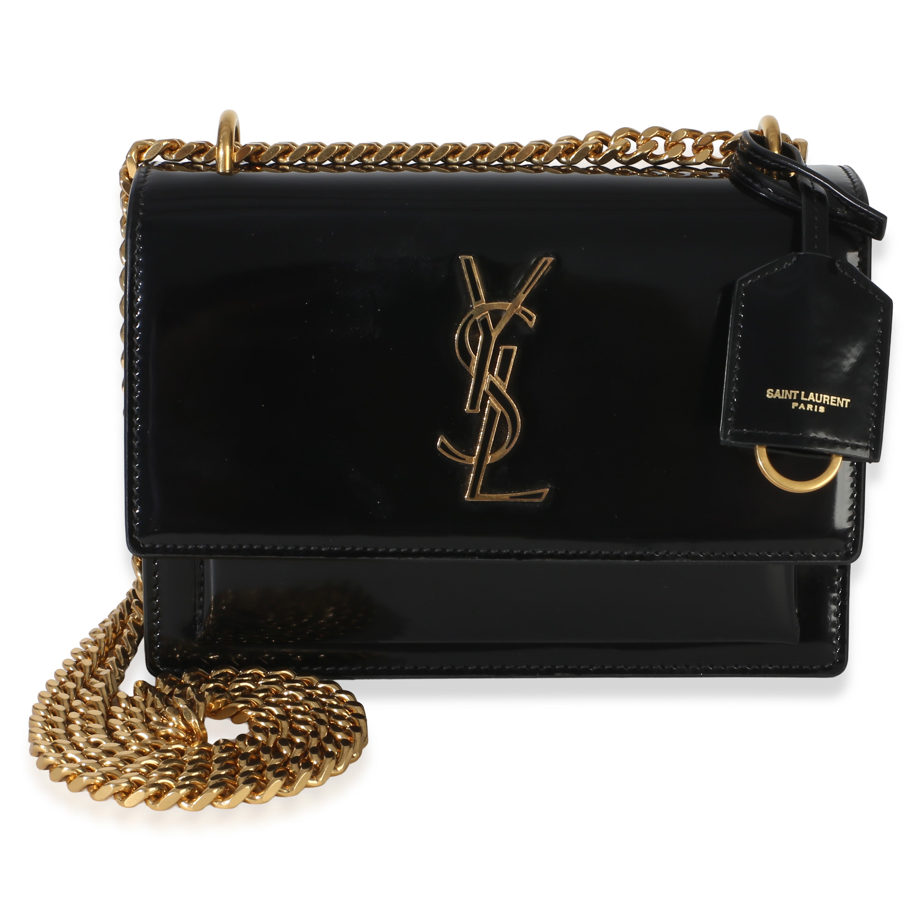 Saint Laurent Black Patent Monogram Small Sunset Bag