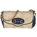 Gucci Blue Beige Raffia 1955 Horsebit Shoulder Bag