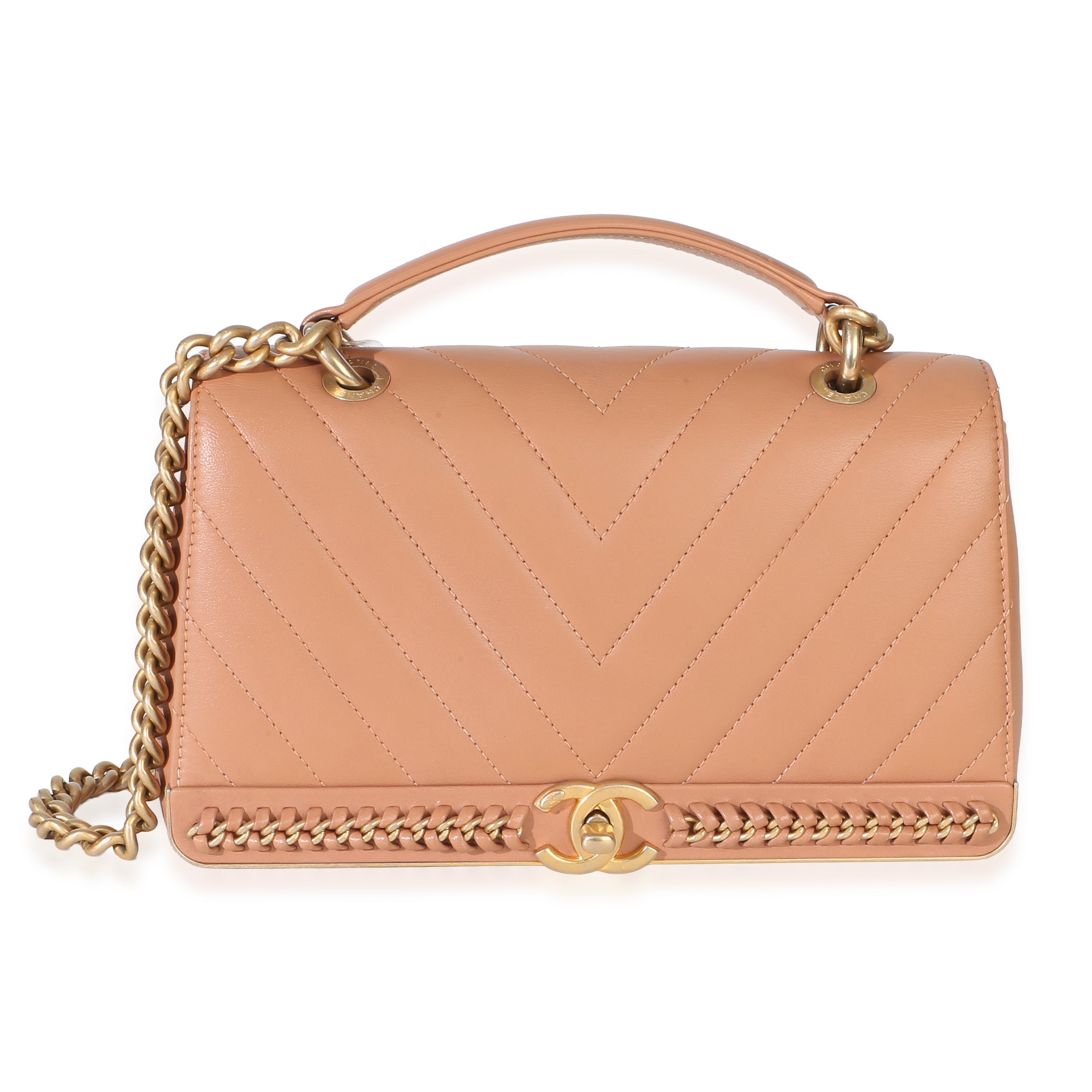 Chanel Beige Chevron Lambskin Stitched Chain Flap Bag