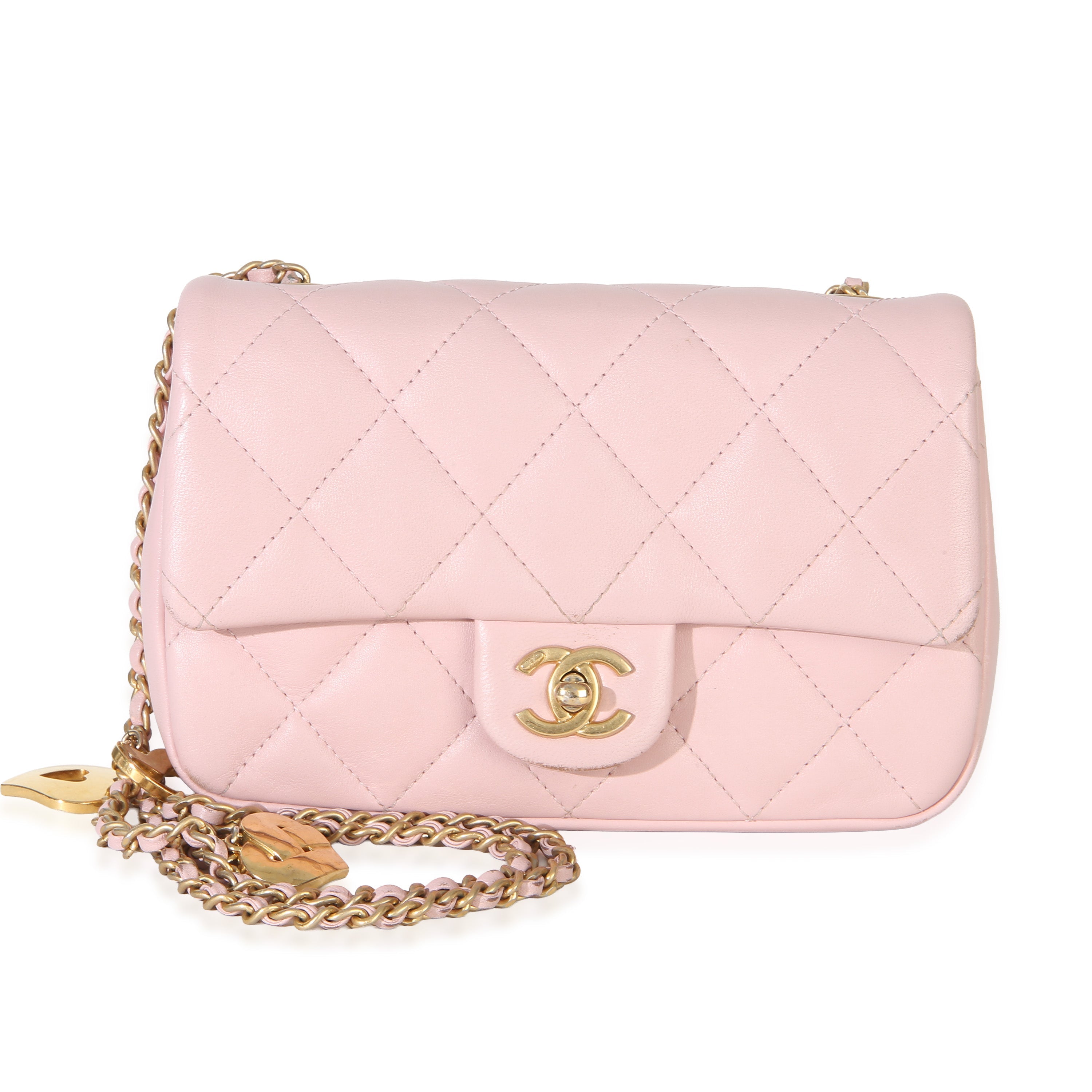 Chanel Pink Quilted Lambskin Heart Charm Mini Rectangular Flap Bag