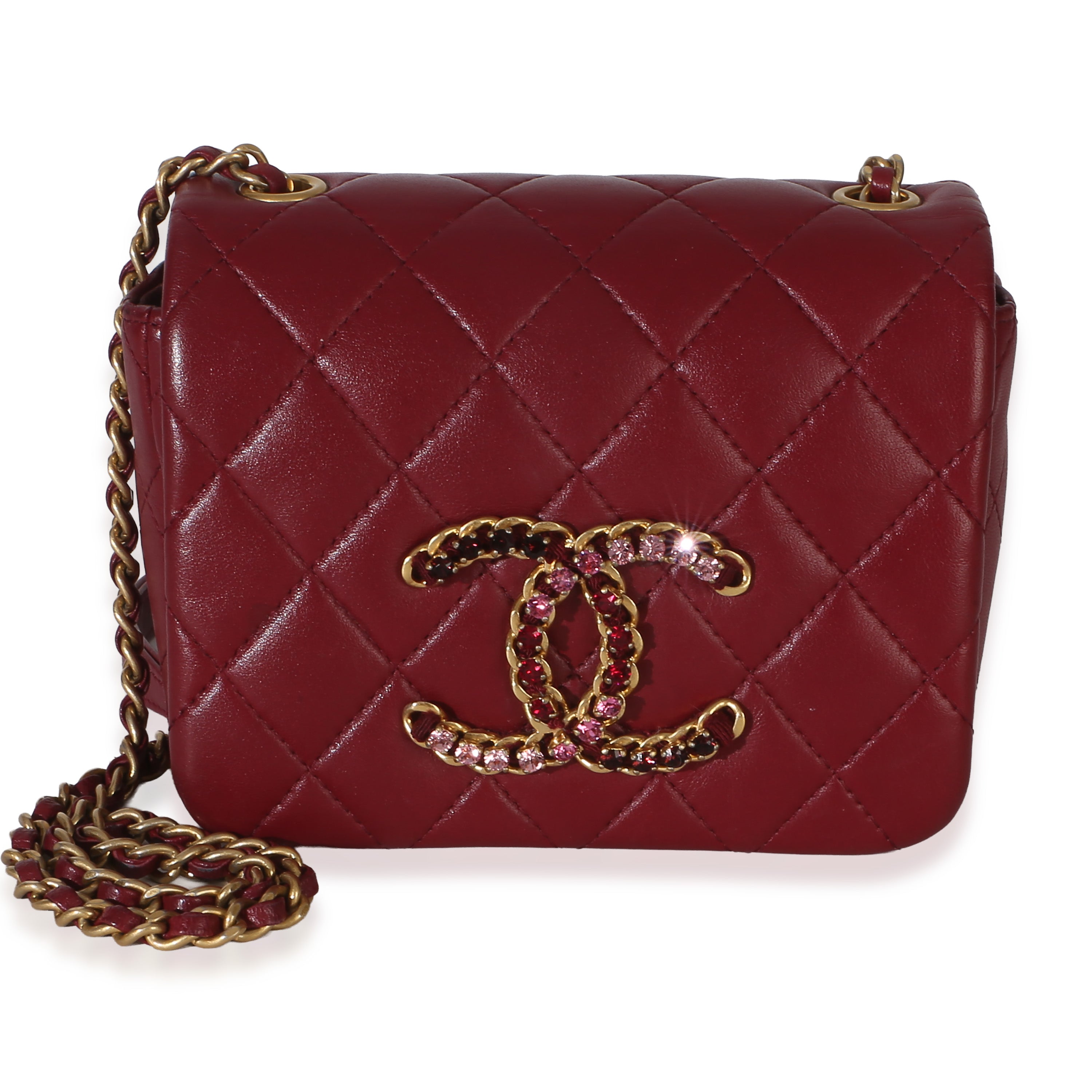 Chanel Red Quilted Lambskin Crystal CC Mini Square Flap Bag