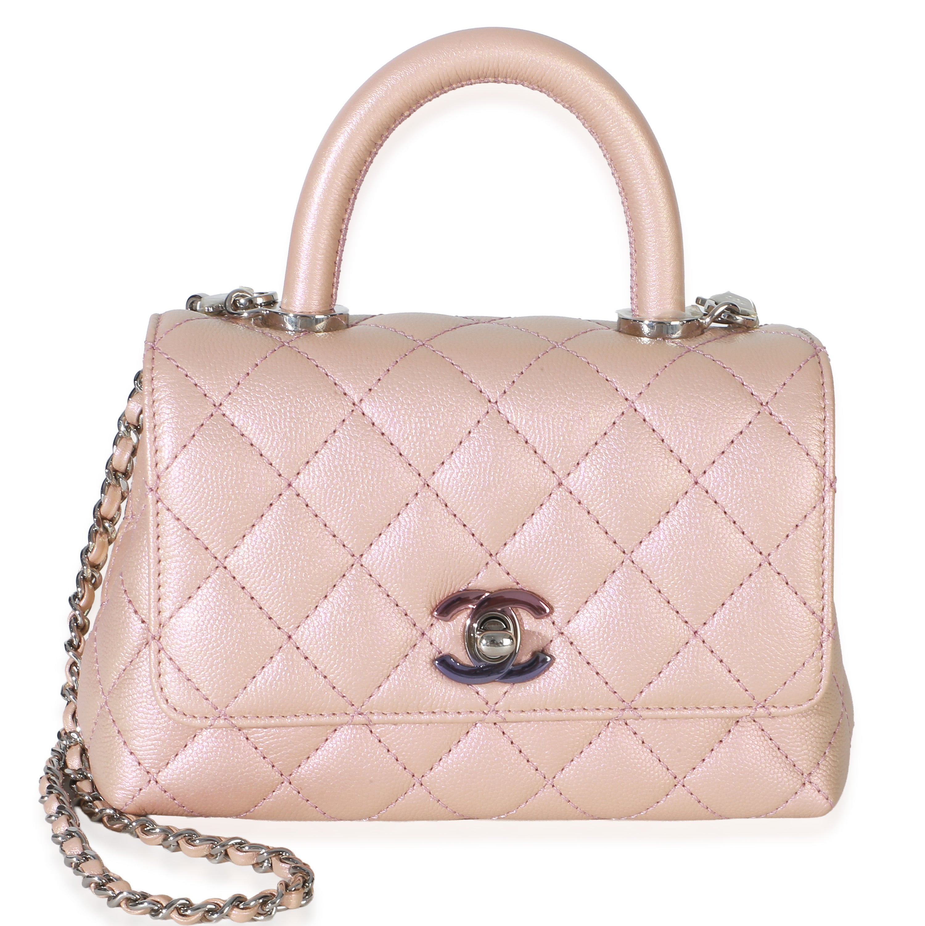 Chanel Light Pink Iridescent Quilted Caviar Mini Coco Top Handle Flap Bag