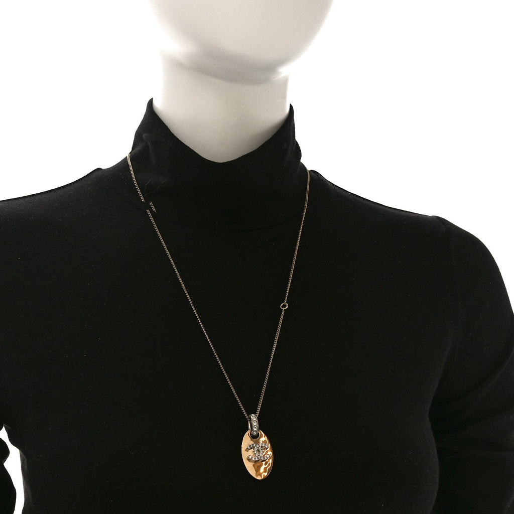 Chanel Crystal CC Oval Tag Pendant Necklace Gold