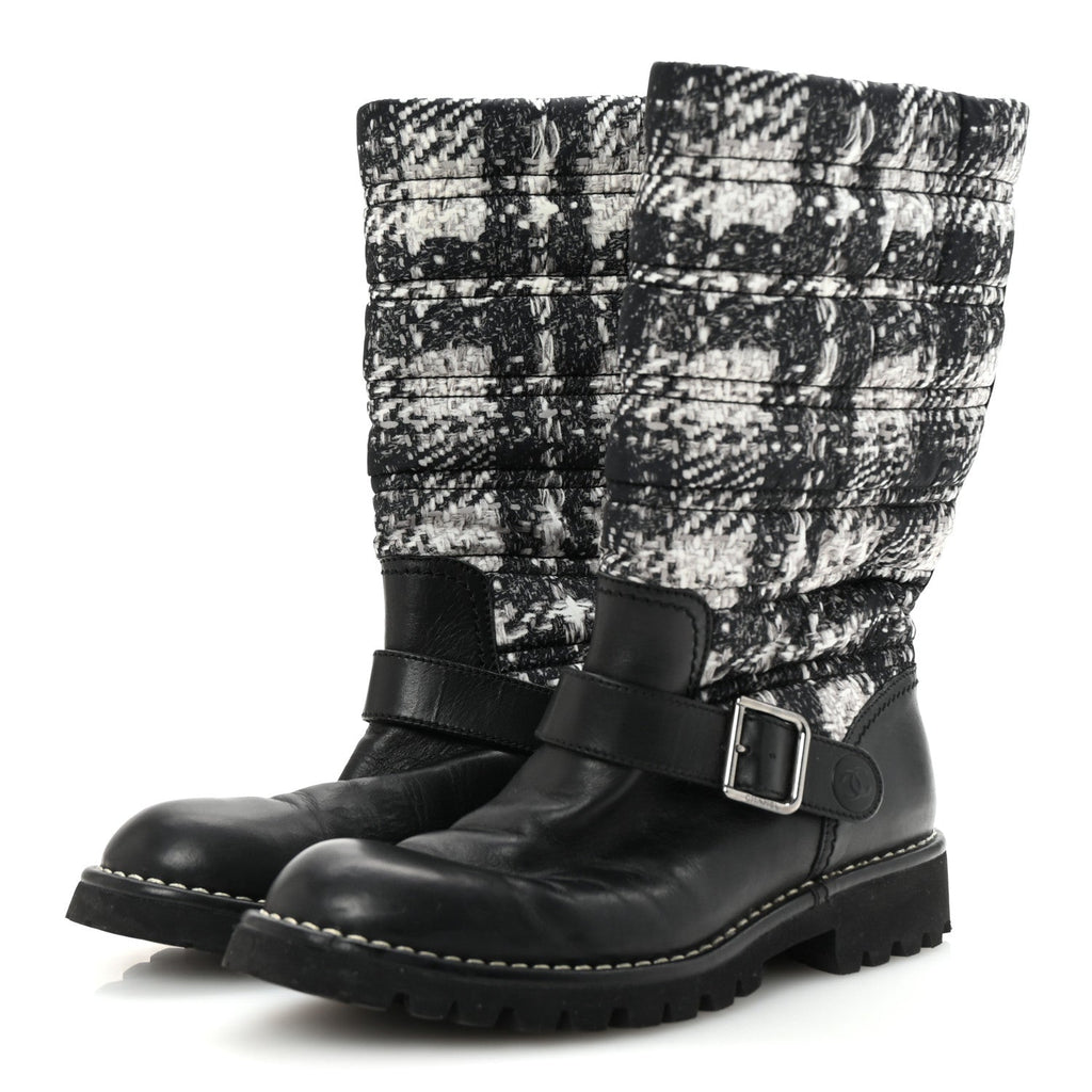 Chanel Calfskin Tweed Nylon Printed Boots 38 Black