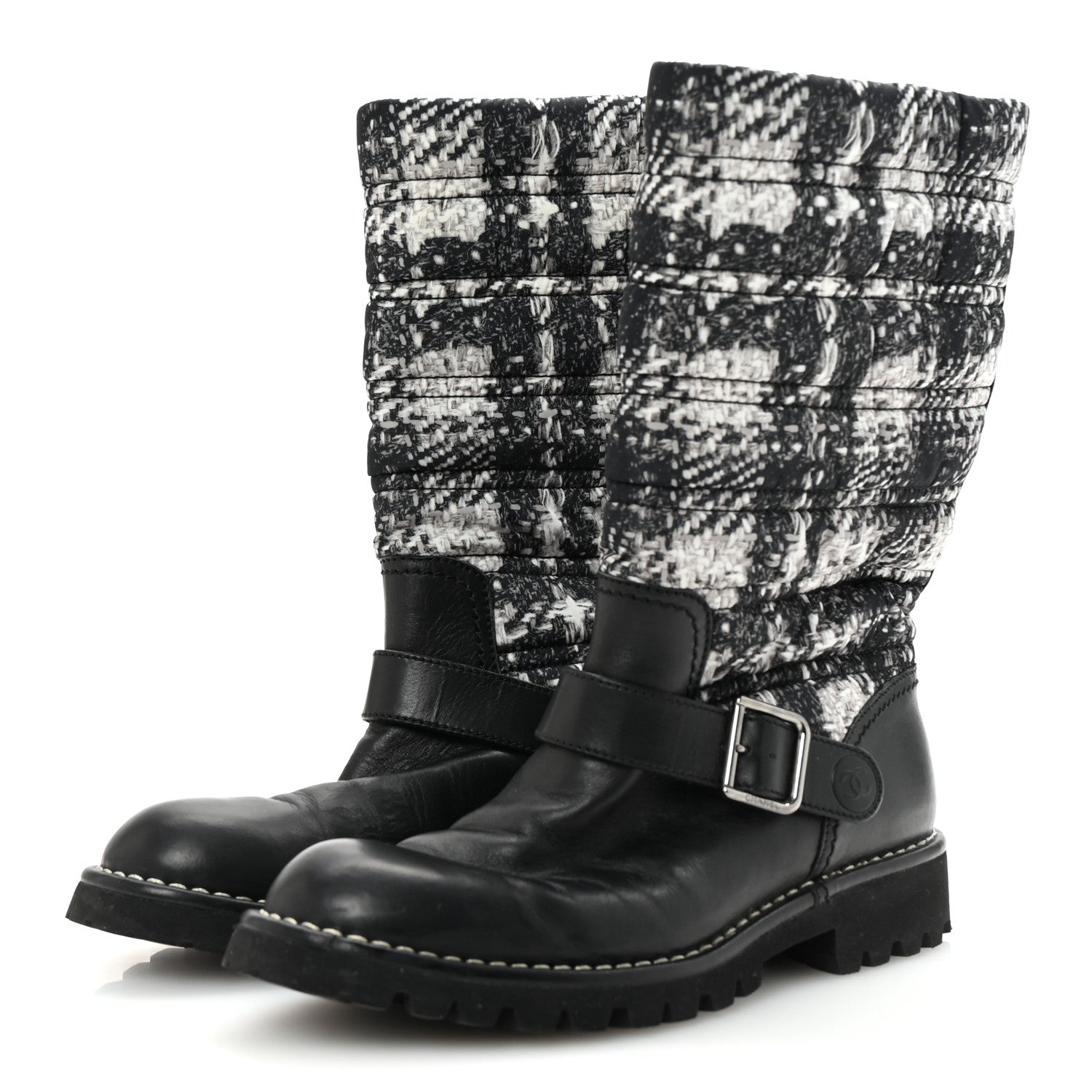 Chanel Calfskin Tweed Nylon Printed Boots 38 Black