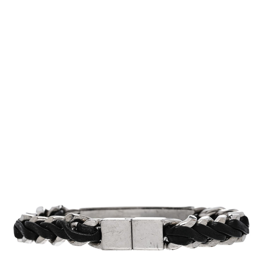 Saint Laurent Metal Leather Curb Chain Bracelet Oxidized Silver Black