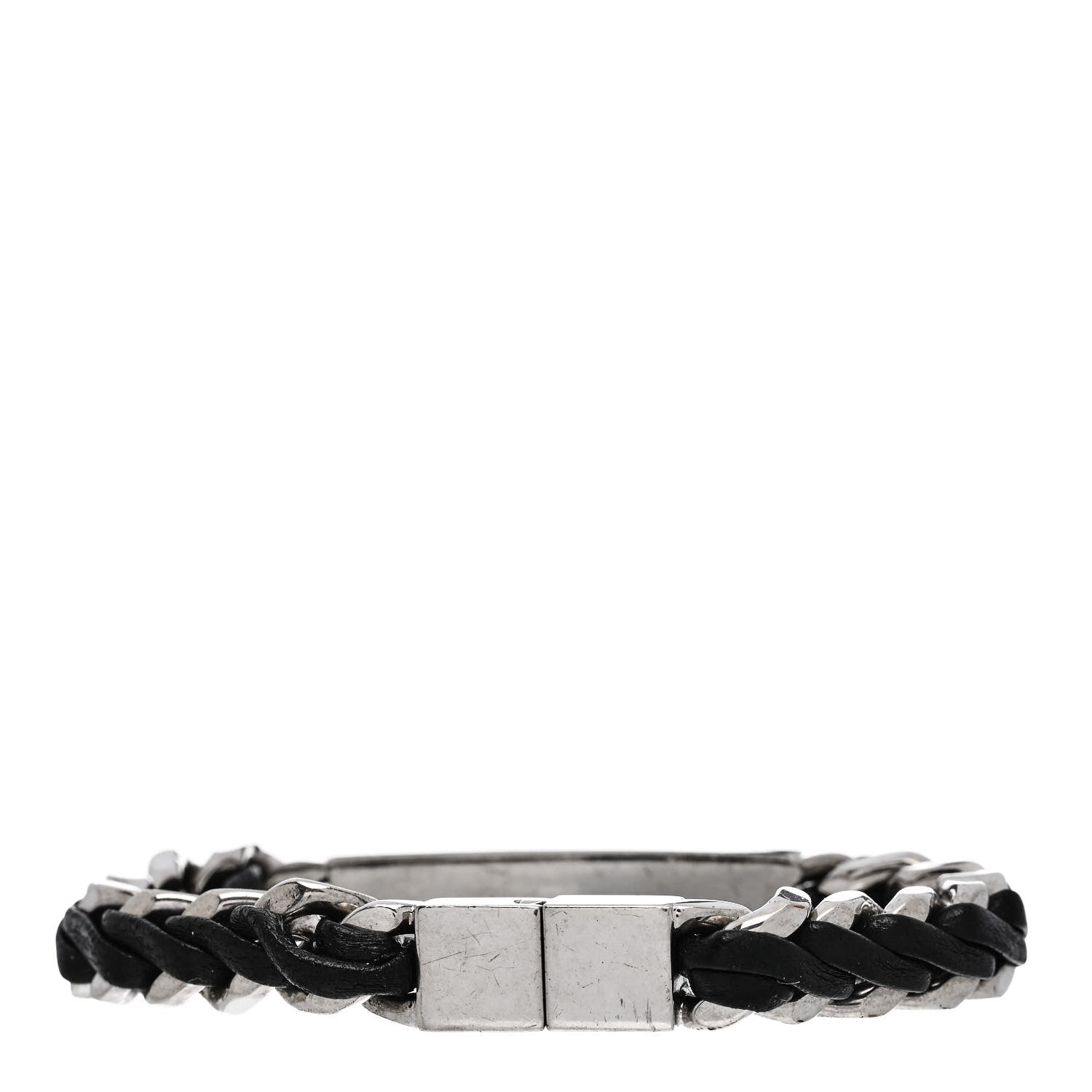 Saint Laurent Metal Leather Curb Chain Bracelet Oxidized Silver Black