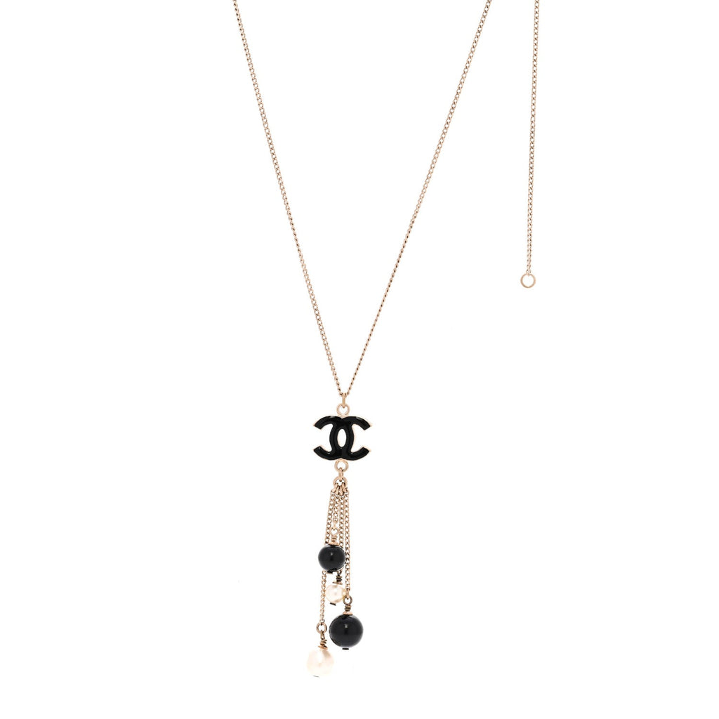 Chanel Enamel Bead Pearl CC Drop Necklace Black Gold