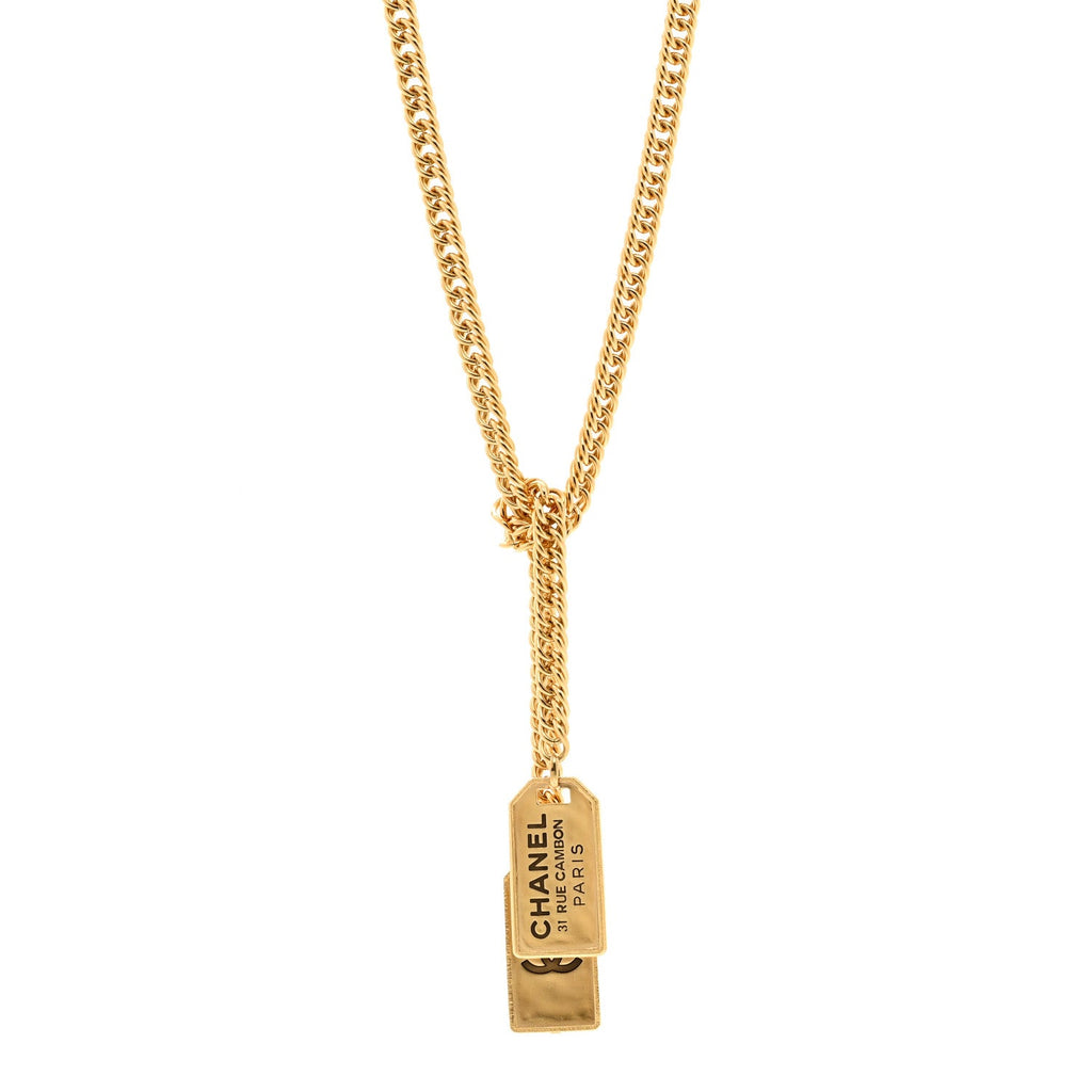 Chanel Metal ID Dog Tag Charm Necklace Gold