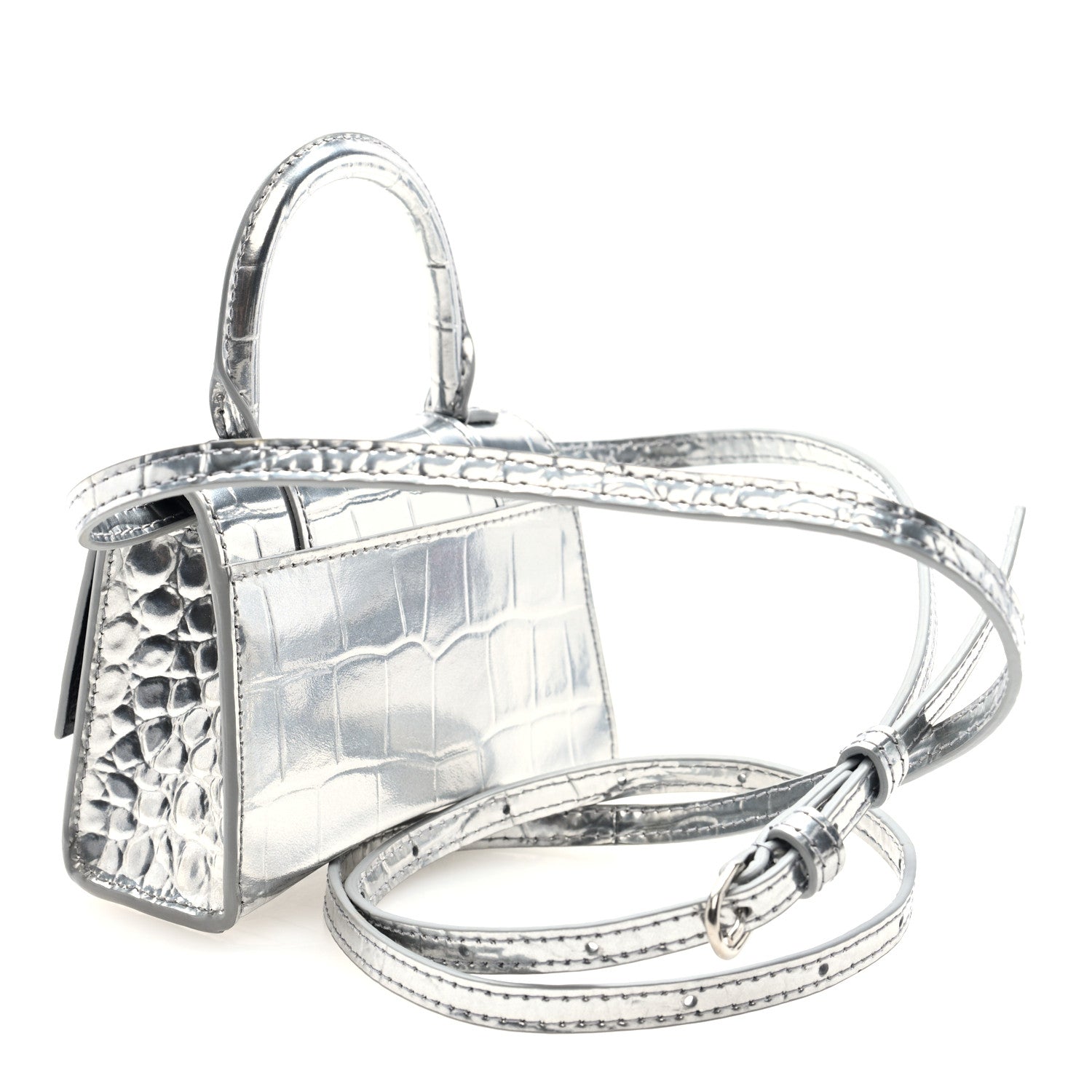 Balenciaga Metallic Calfskin Crocodile Embossed Hourglass Top Handle Bag Mini Silver