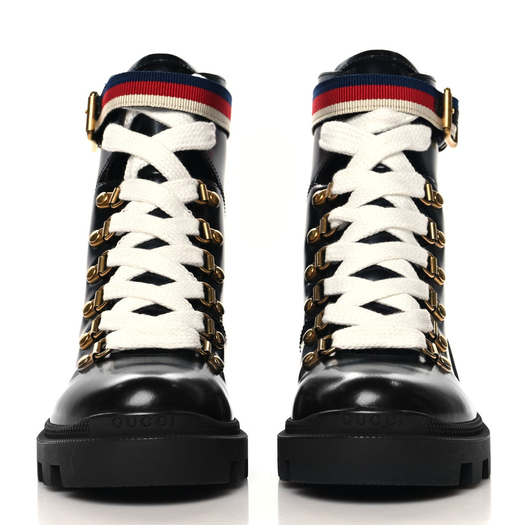 Gucci Calfskin Sylvie Web Lace Up Combat Boots 35 Black