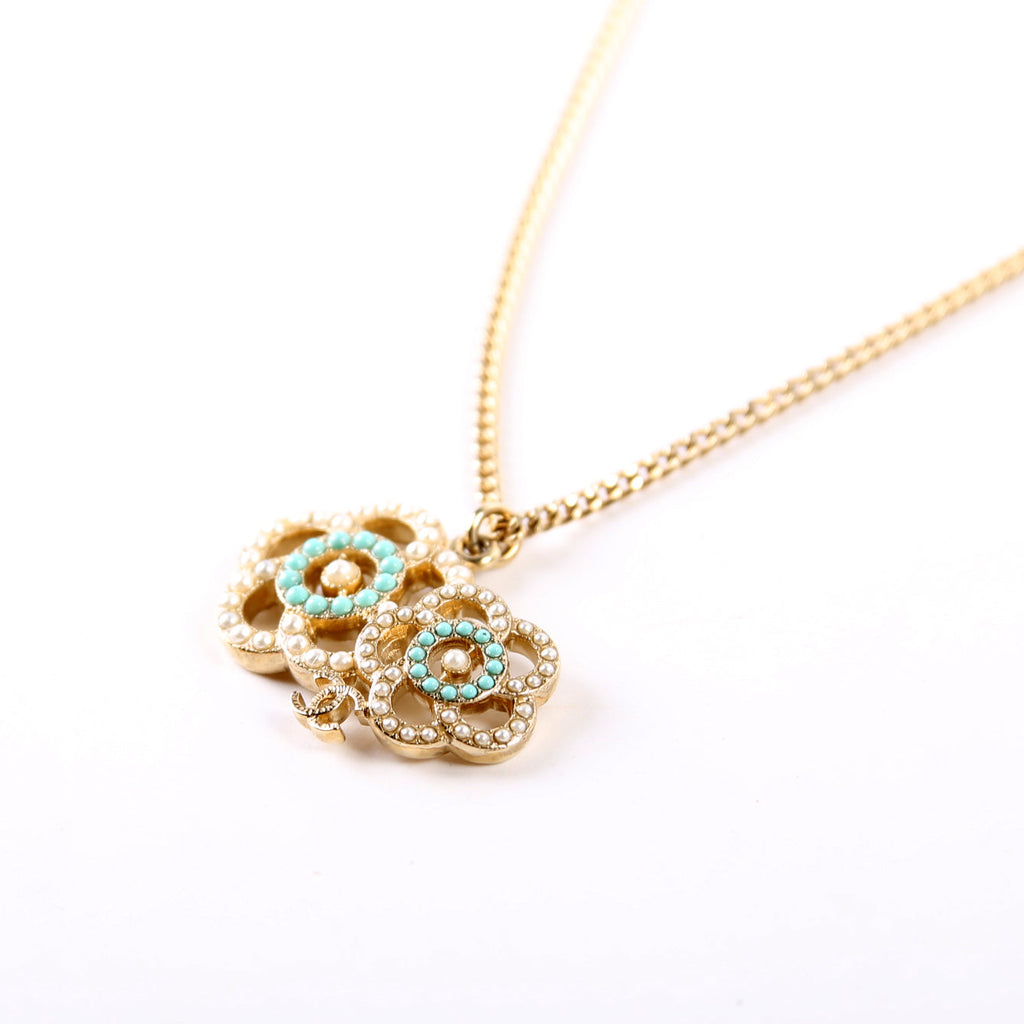 Chanel Faux Pearl CC Camellia Pendant Necklace