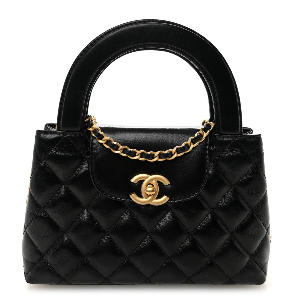 Chanel Shiny Aged Calfskin Quilted Nano Kelly Shopper Black