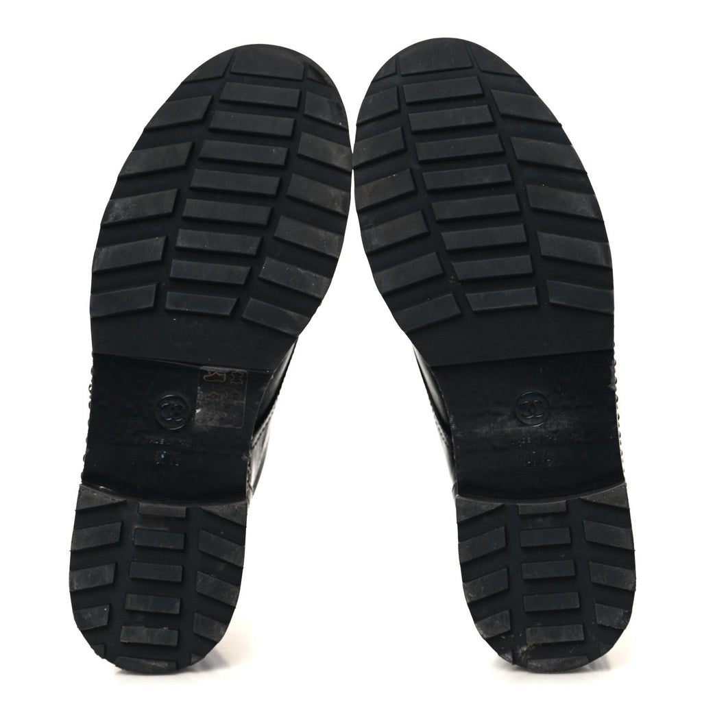 Chanel Crackled Calfskin Velvet Pearl Combat Short Boots 37.5 Black