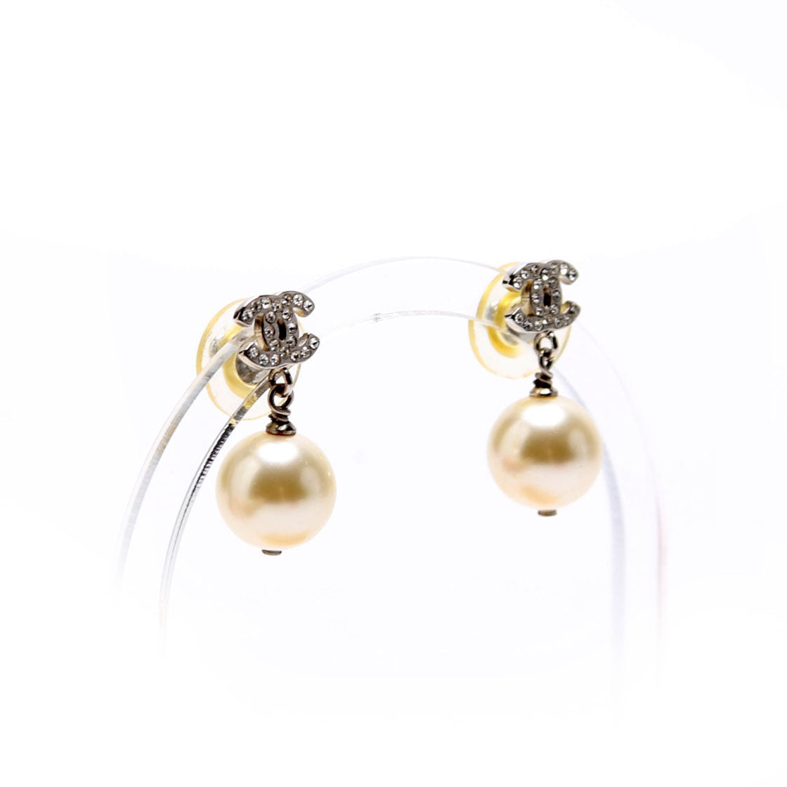 Chanel Crystal CC Pearl Drop Earrings Silver