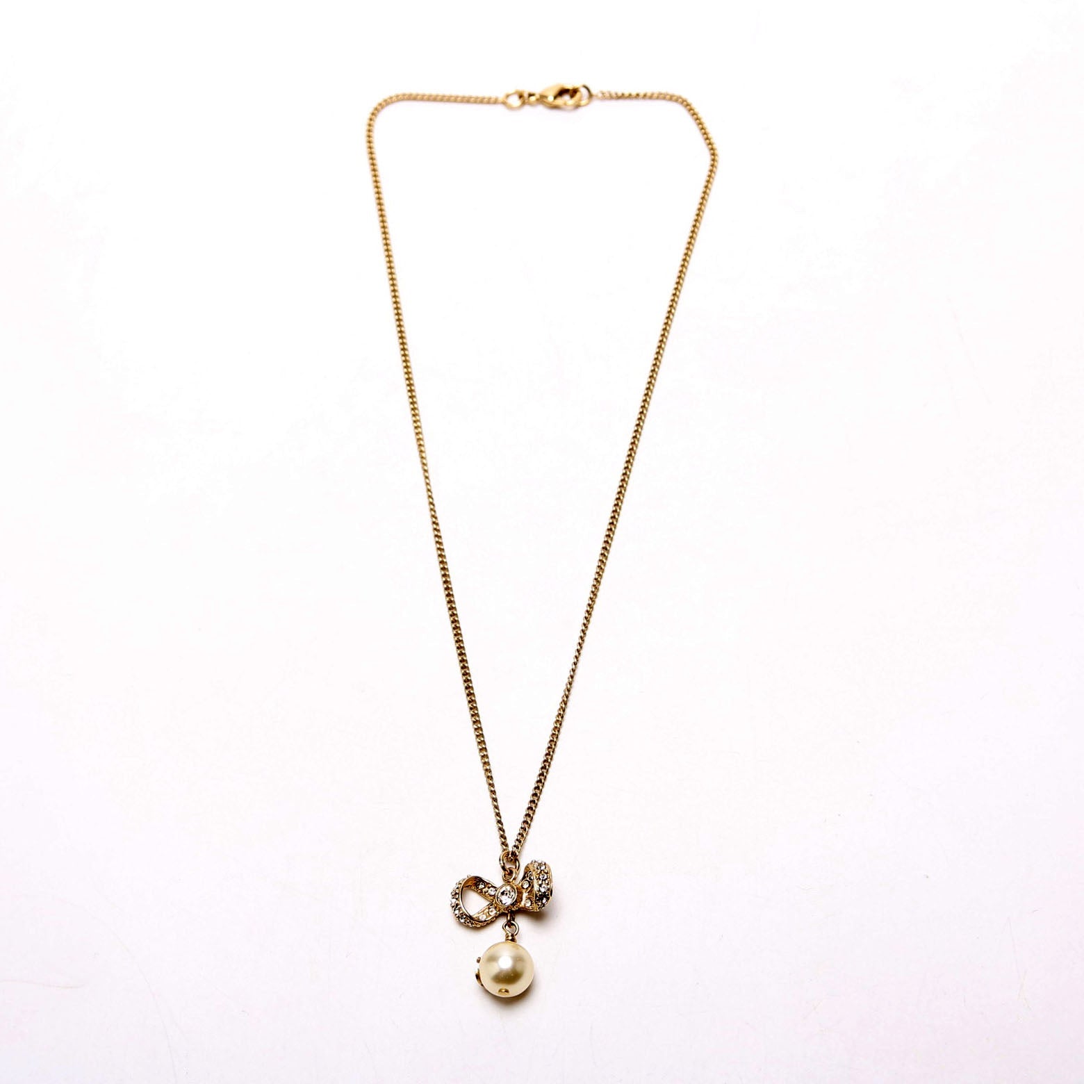 Chanel Crystal Bow CC Pearl Drop Necklace Gold
