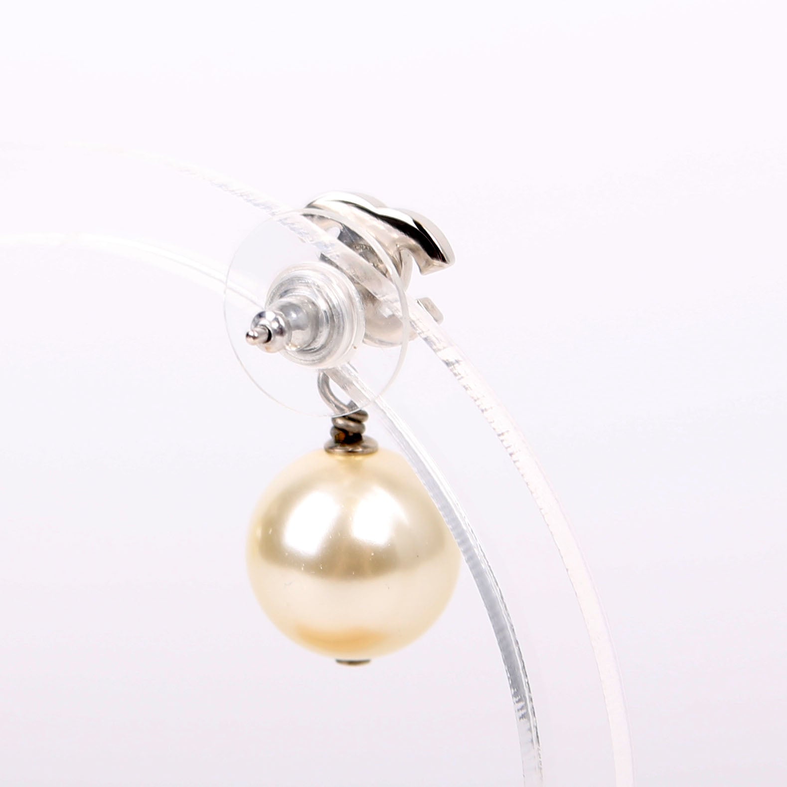 Chanel Crystal CC Pearl Drop Earrings Silver