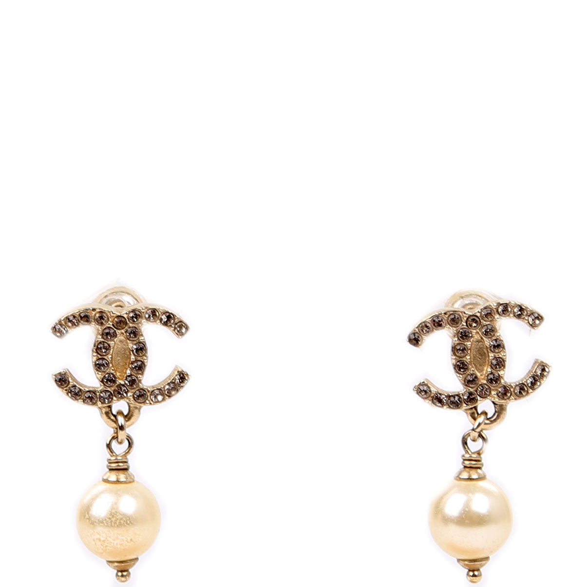 Chanel CC Crystal Pearl Drop Earrings Gold