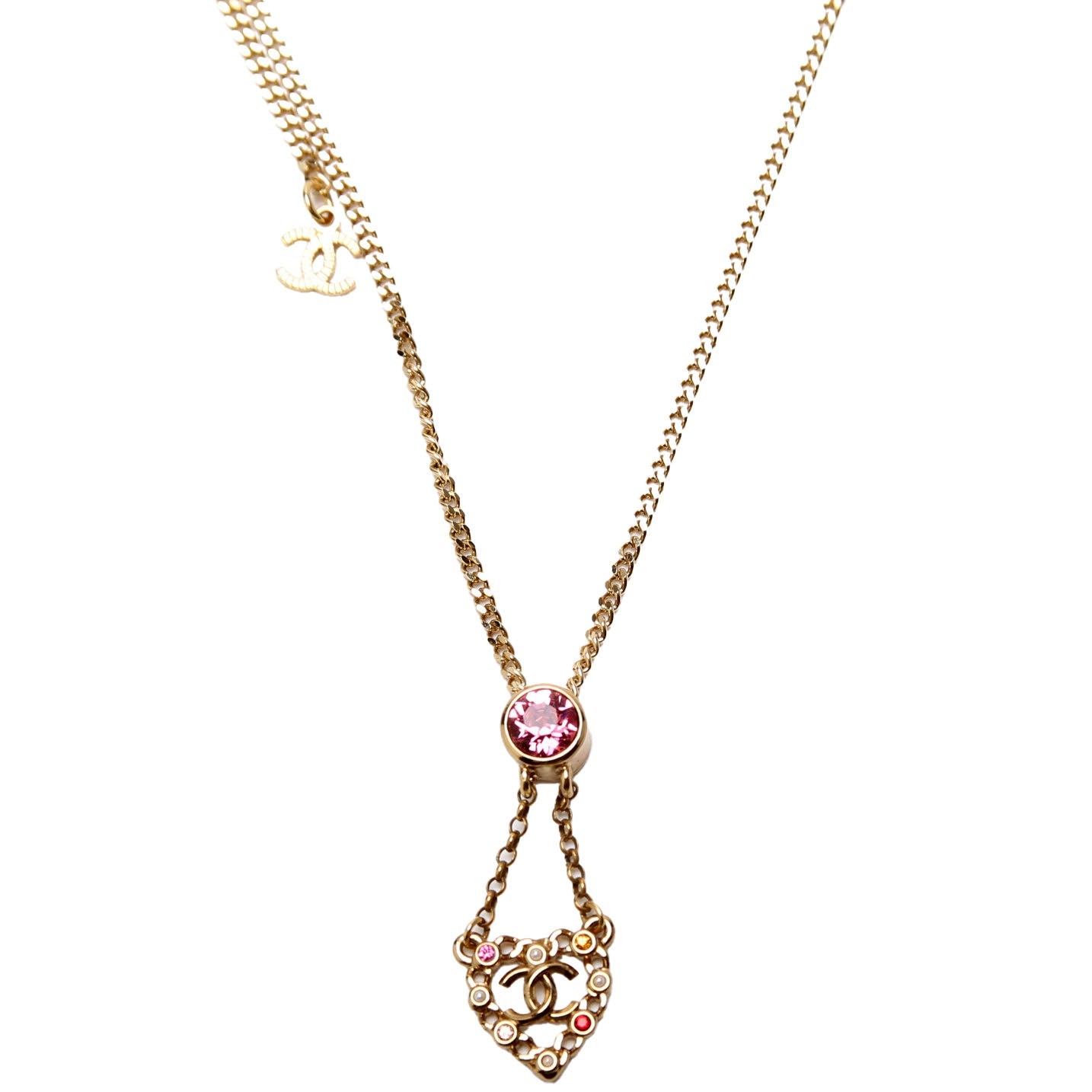 Chanel CC Pearl/Crystal Chain Link Heart Drop Necklace Gold/Pink