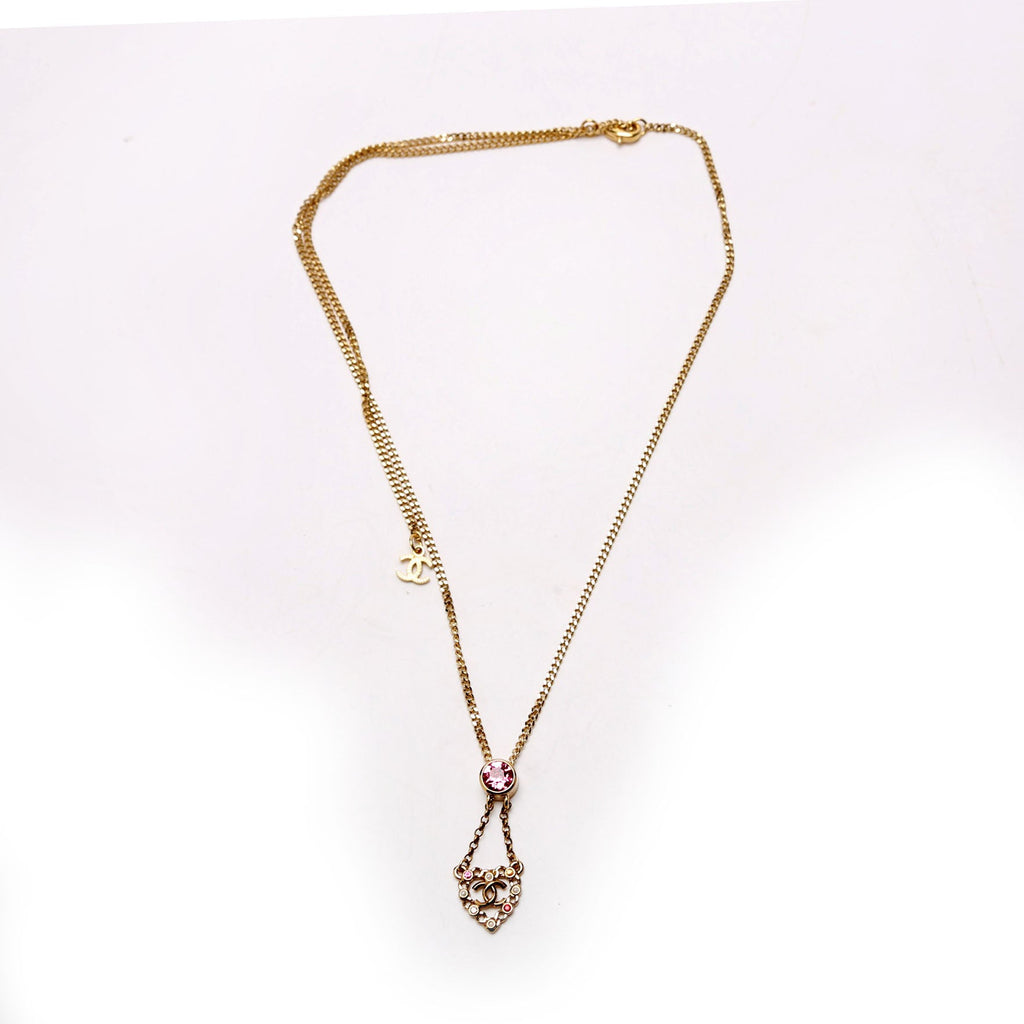 Chanel CC Pearl/Crystal Chain Link Heart Drop Necklace Gold/Pink